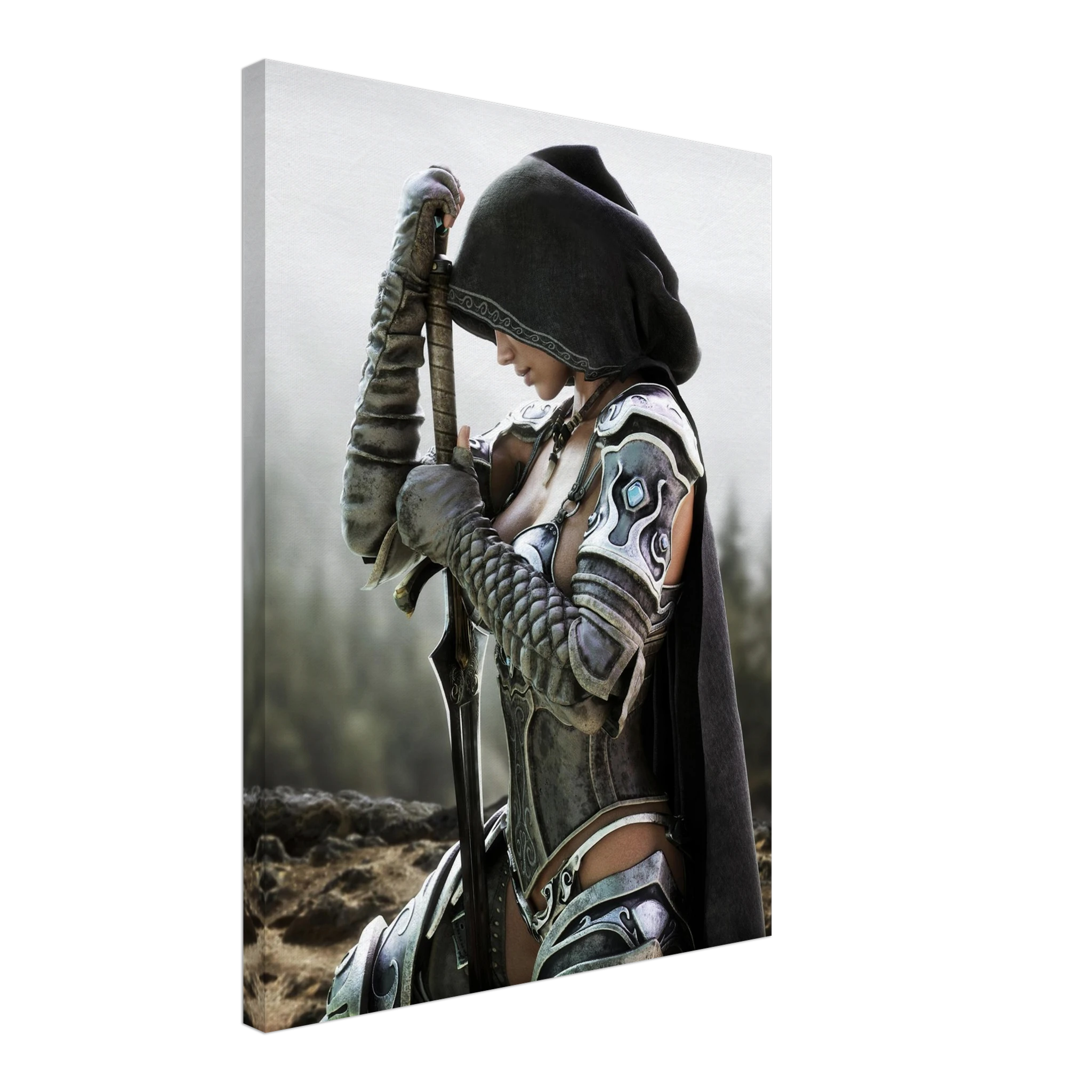 Handcrafted fantasy artwork featuring a hooded female knight kneeling in prayer with both hands resting on a ceremonial sword, wearing ornate medieval armor against a rugged mountain landscape. Premium wall art for fantasy collectors, RPG enthusiasts, gaming rooms, libraries, and medieval décor.