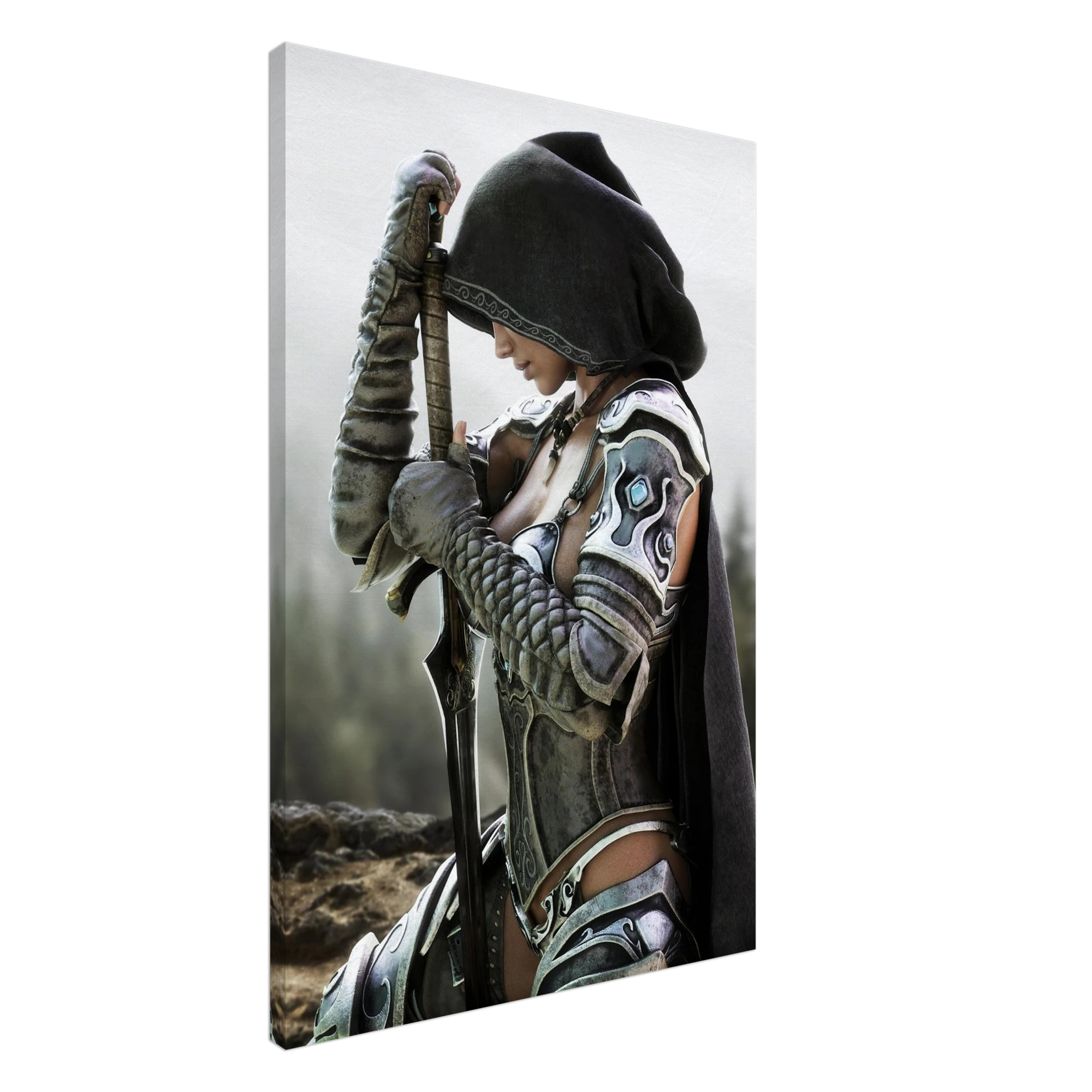 Handcrafted fantasy artwork featuring a hooded female knight kneeling in prayer with both hands resting on a ceremonial sword, wearing ornate medieval armor against a rugged mountain landscape. Premium wall art for fantasy collectors, RPG enthusiasts, gaming rooms, libraries, and medieval décor.