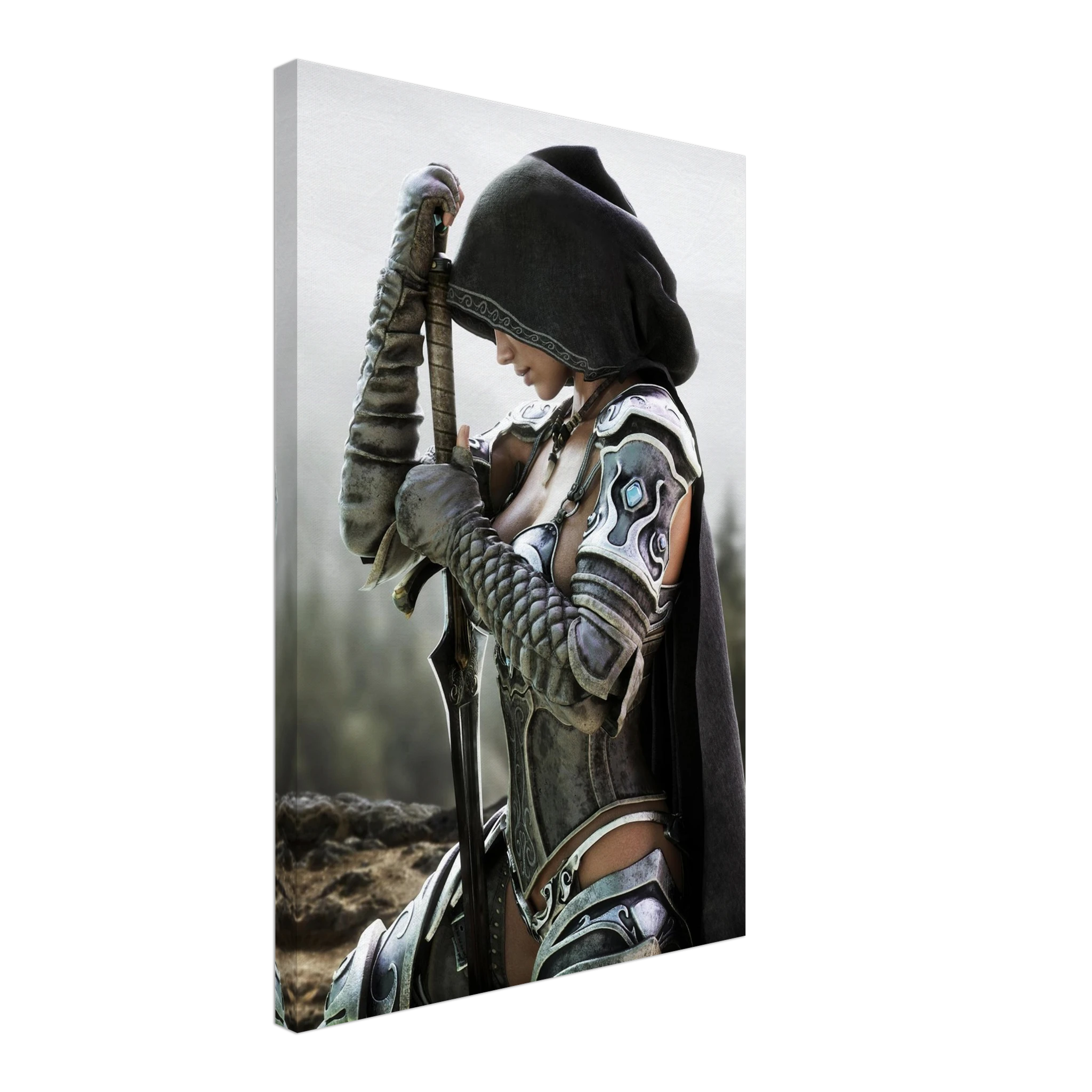 Handcrafted fantasy artwork featuring a hooded female knight kneeling in prayer with both hands resting on a ceremonial sword, wearing ornate medieval armor against a rugged mountain landscape. Premium wall art for fantasy collectors, RPG enthusiasts, gaming rooms, libraries, and medieval décor.