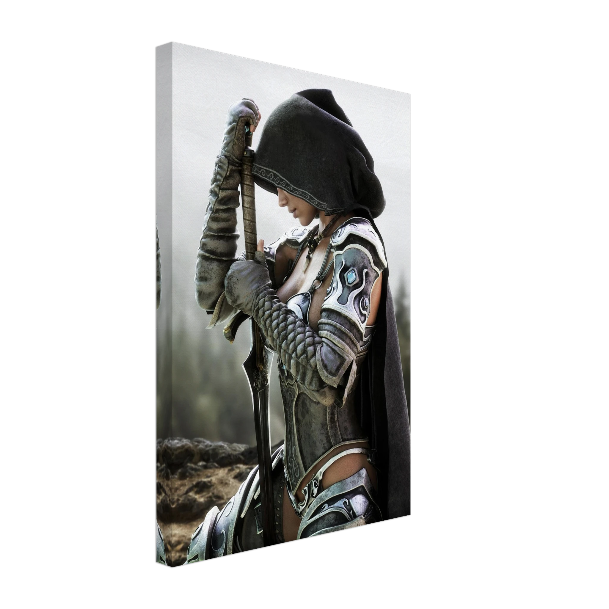 Handcrafted fantasy artwork featuring a hooded female knight kneeling in prayer with both hands resting on a ceremonial sword, wearing ornate medieval armor against a rugged mountain landscape. Premium wall art for fantasy collectors, RPG enthusiasts, gaming rooms, libraries, and medieval décor.