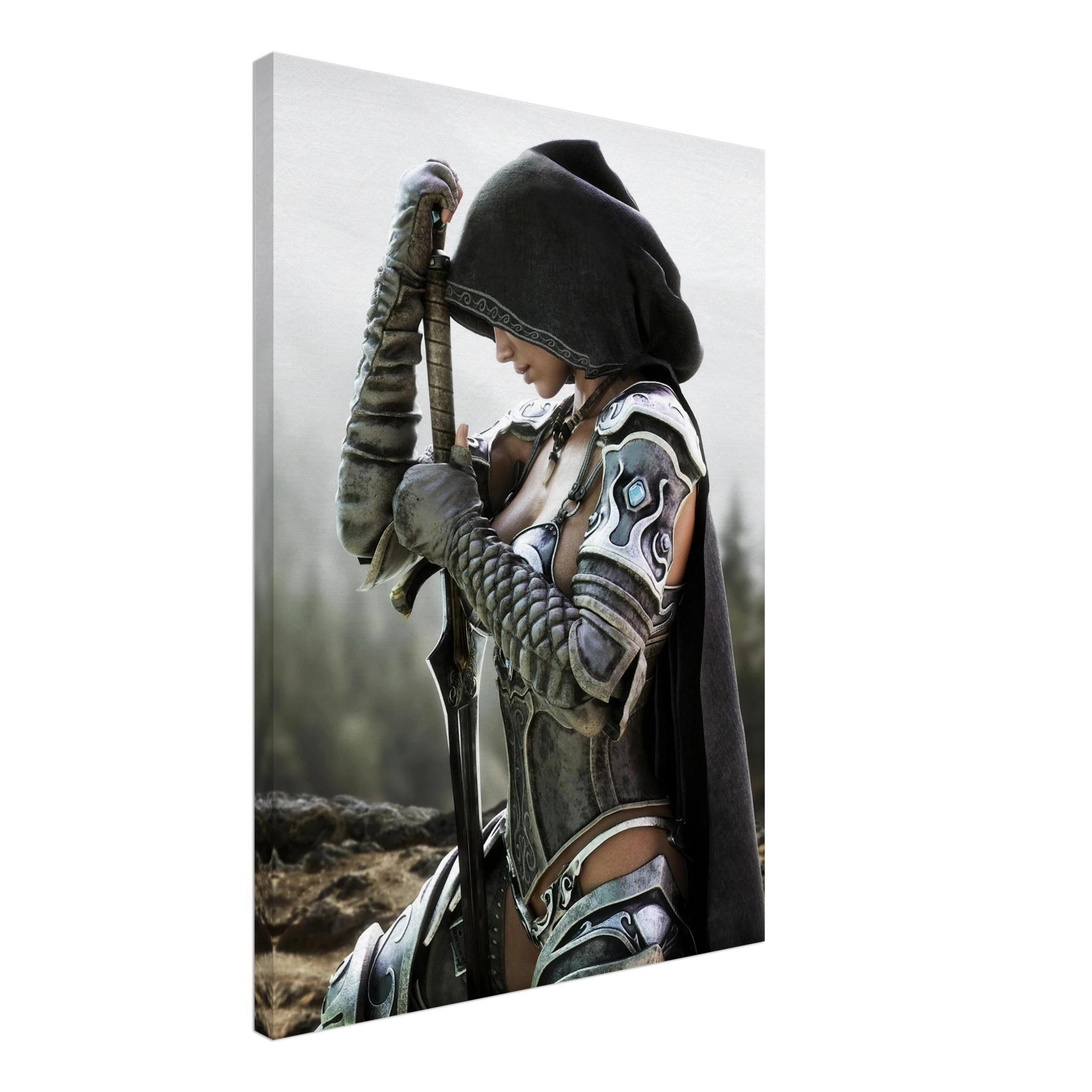 Handcrafted fantasy artwork featuring a hooded female knight kneeling in prayer with both hands resting on a ceremonial sword, wearing ornate medieval armor against a rugged mountain landscape. Premium wall art for fantasy collectors, RPG enthusiasts, gaming rooms, libraries, and medieval décor.