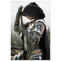 Handcrafted fantasy artwork featuring a hooded female knight kneeling in prayer with both hands resting on a ceremonial sword, wearing ornate medieval armor against a rugged mountain landscape. Premium wall art for fantasy collectors, RPG enthusiasts, gaming rooms, libraries, and medieval décor.