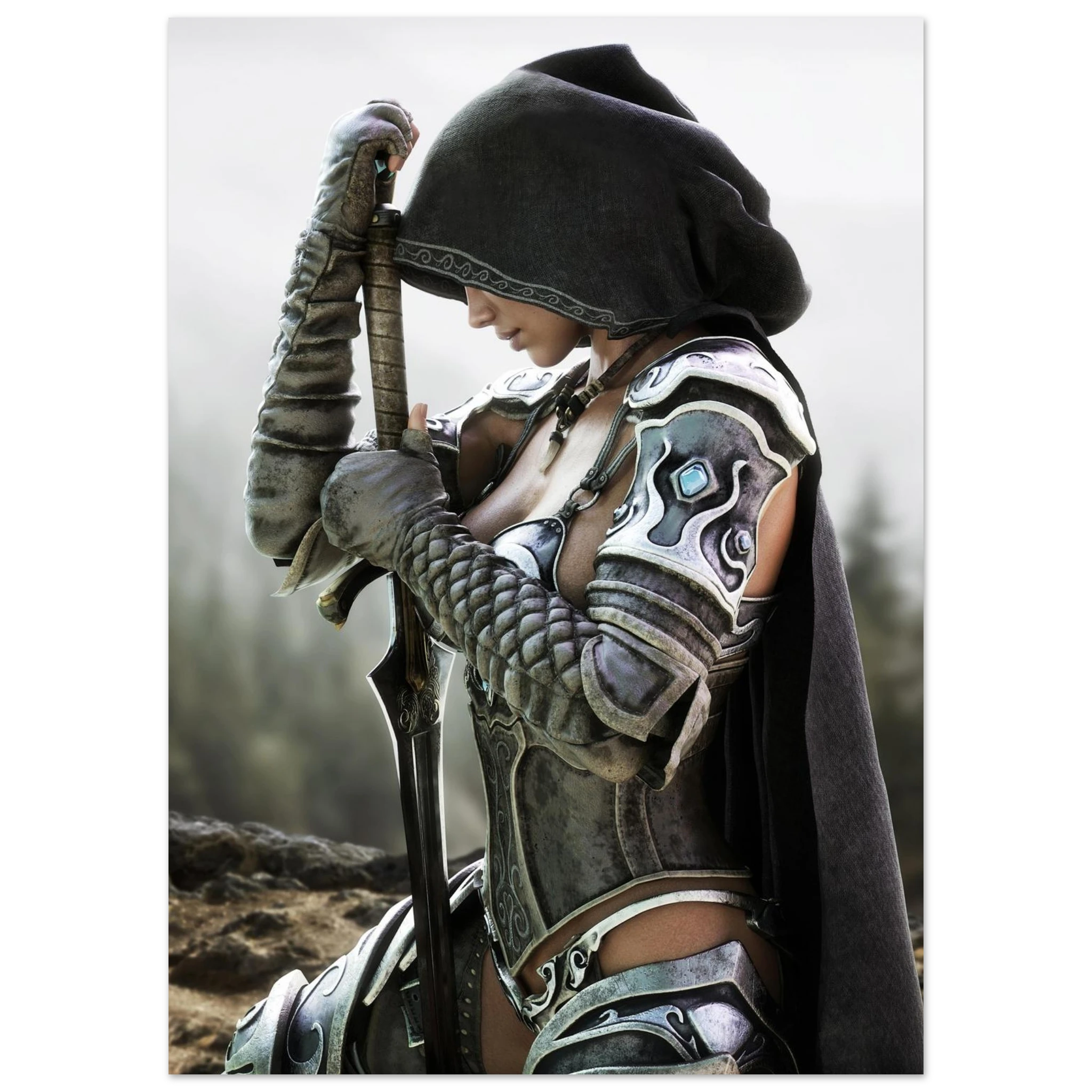 Handcrafted fantasy artwork featuring a hooded female knight kneeling in prayer with both hands resting on a ceremonial sword, wearing ornate medieval armor against a rugged mountain landscape. Premium wall art for fantasy collectors, RPG enthusiasts, gaming rooms, libraries, and medieval décor.