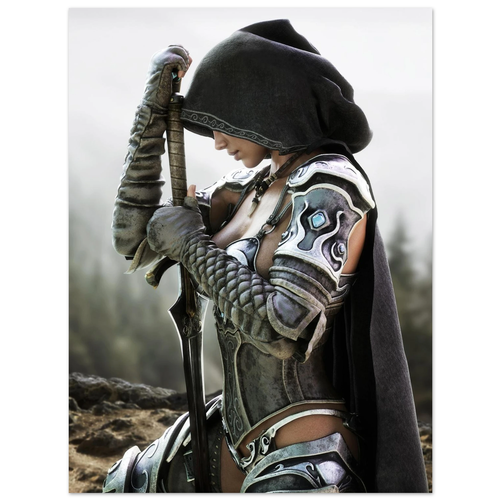 A fantasy warrior in detailed silver and black armor with a dark hooded cloak, holding a sword, shown against a blurred outdoor background.