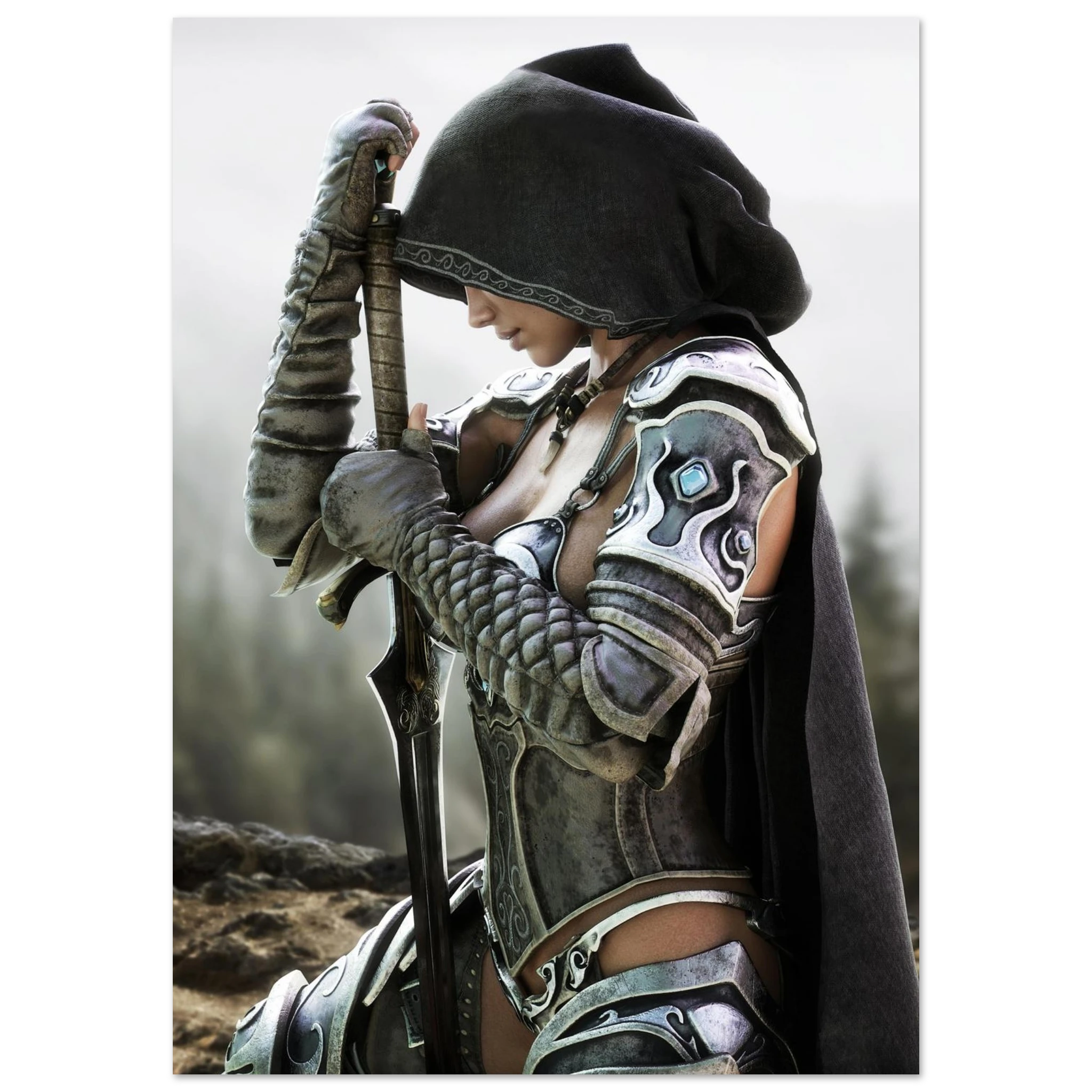 A fantasy warrior in detailed silver and black armor with a dark hooded cloak, holding a sword, shown against a blurred outdoor background.