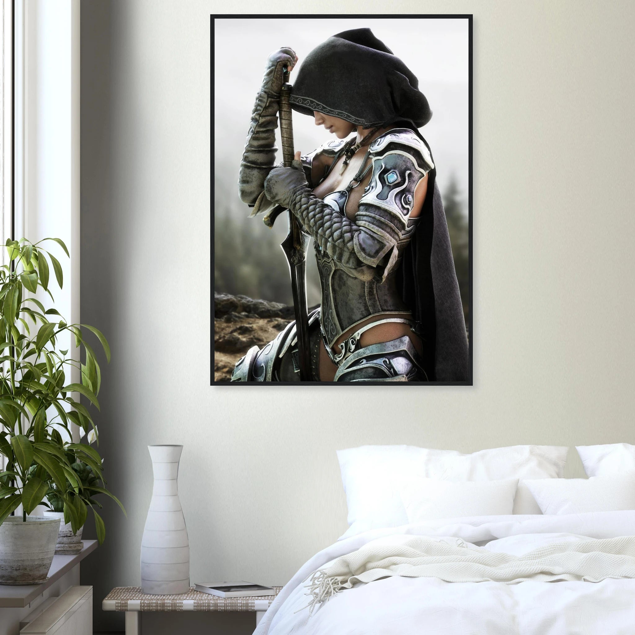 A framed wall art print depicting a hooded warrior in detailed silver and black armor holding a sword, displayed above a bed in a modern bedroom setting.