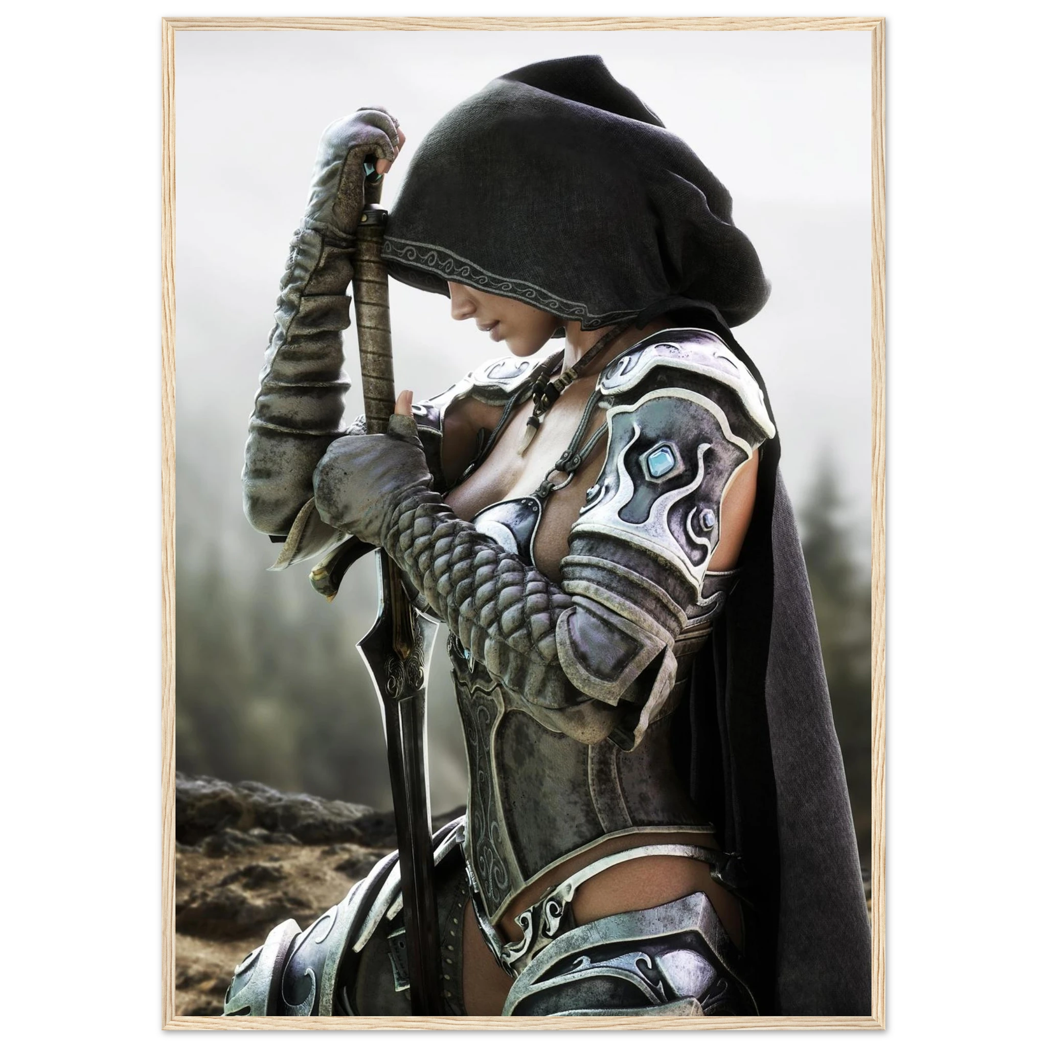 A framed art print depicting a fantasy warrior in detailed silver and black armor with a dark hood, holding a sword, set against a soft blurred background.