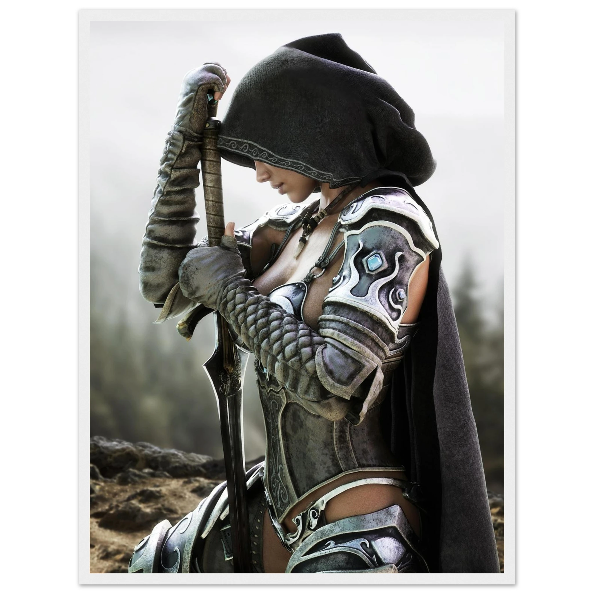 A fantasy warrior in detailed silver and black plate armor with a dark hooded cloak, kneeling and holding a sword, set against a misty outdoor background.