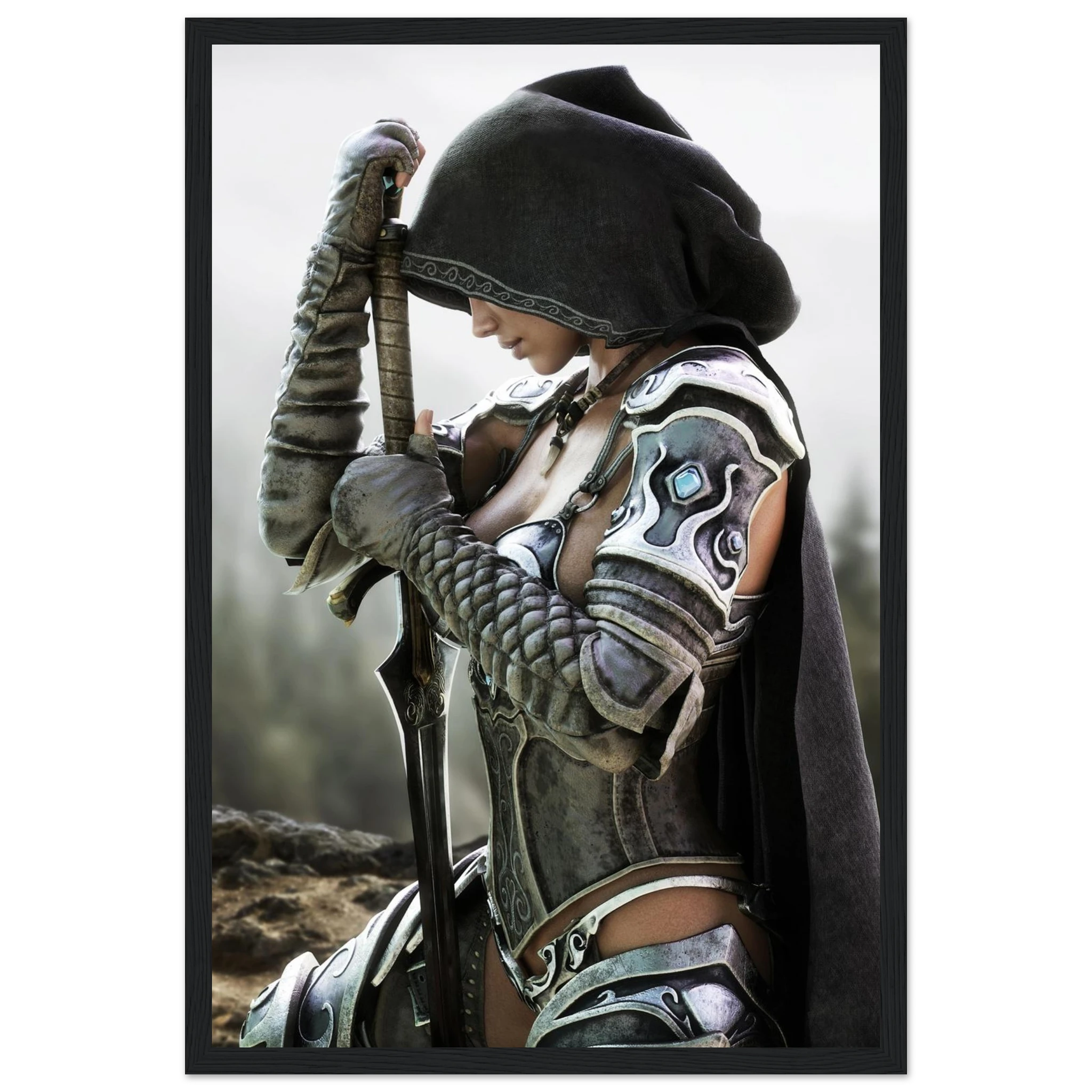 A framed art print featuring a fantasy warrior in detailed silver and black armor with a dark hooded cloak, holding a sword, set against a soft blurred background.