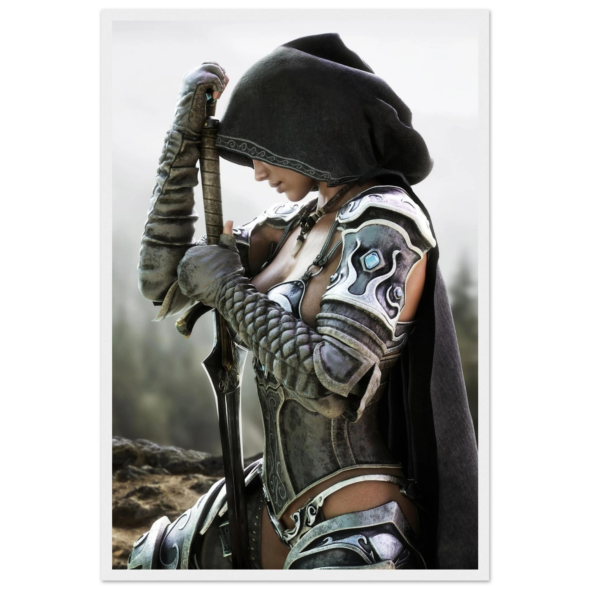 A fantasy warrior in detailed silver and black plate armor with a dark hooded cloak, holding a sword, shown in a dramatic portrait-style print with a white border.