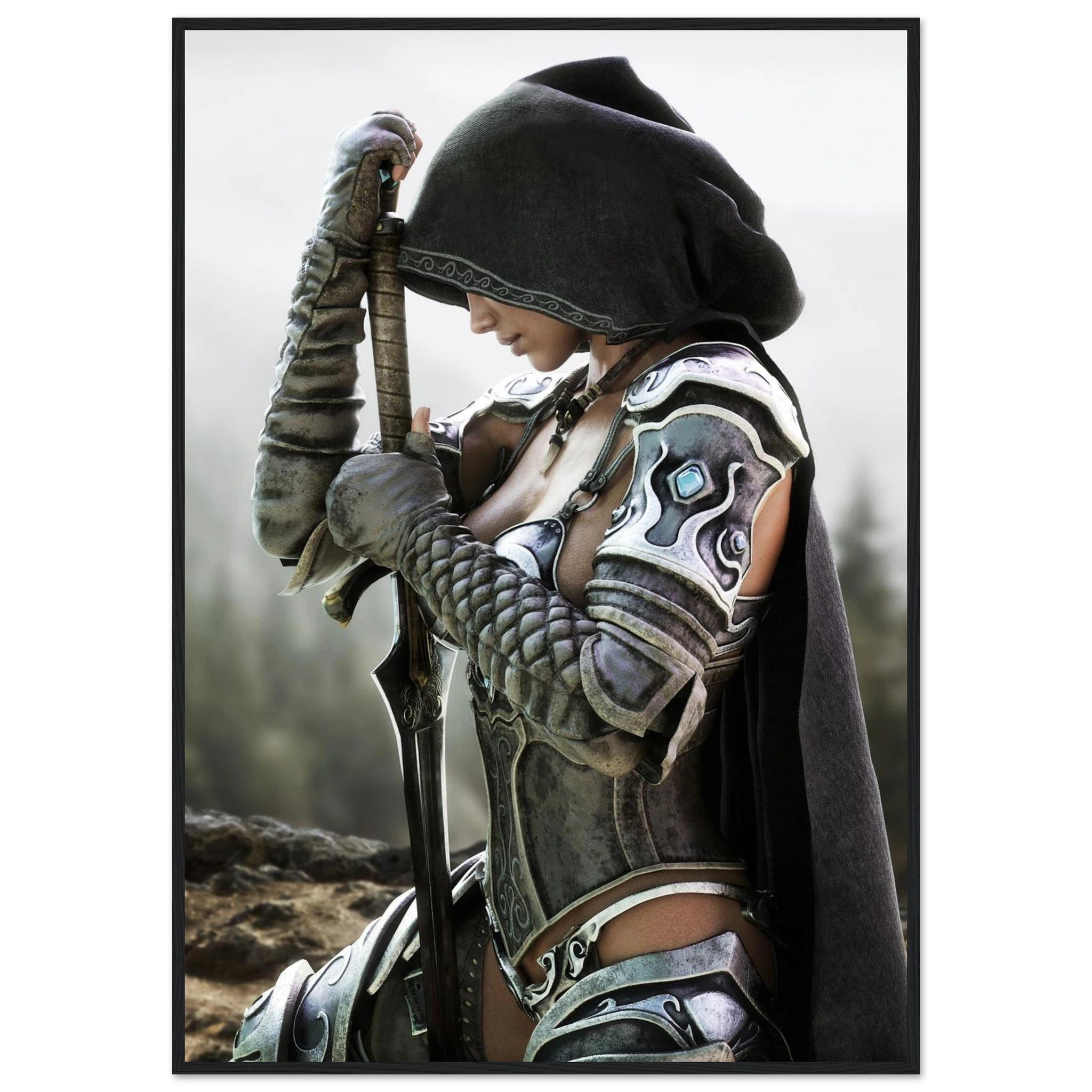 A framed art print depicting a fantasy warrior in detailed silver and black armor with a dark hood, holding a sword, set against a blurred outdoor background.