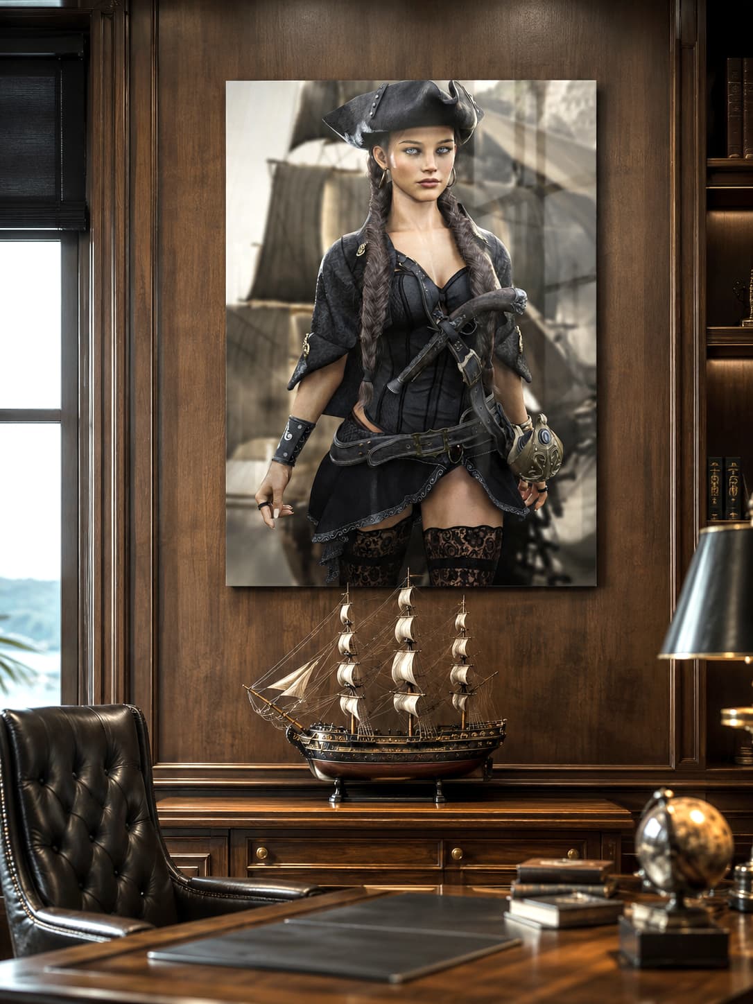 Handcrafted fantasy artwork featuring a female pirate captain with braided hair and a tricorne hat standing before a historic sailing ship, wearing elegant pirate attire with a flintlock pistol and nautical accessories. Premium wall art for fantasy collectors, pirate enthusiasts, gaming rooms, and nautical décor.
