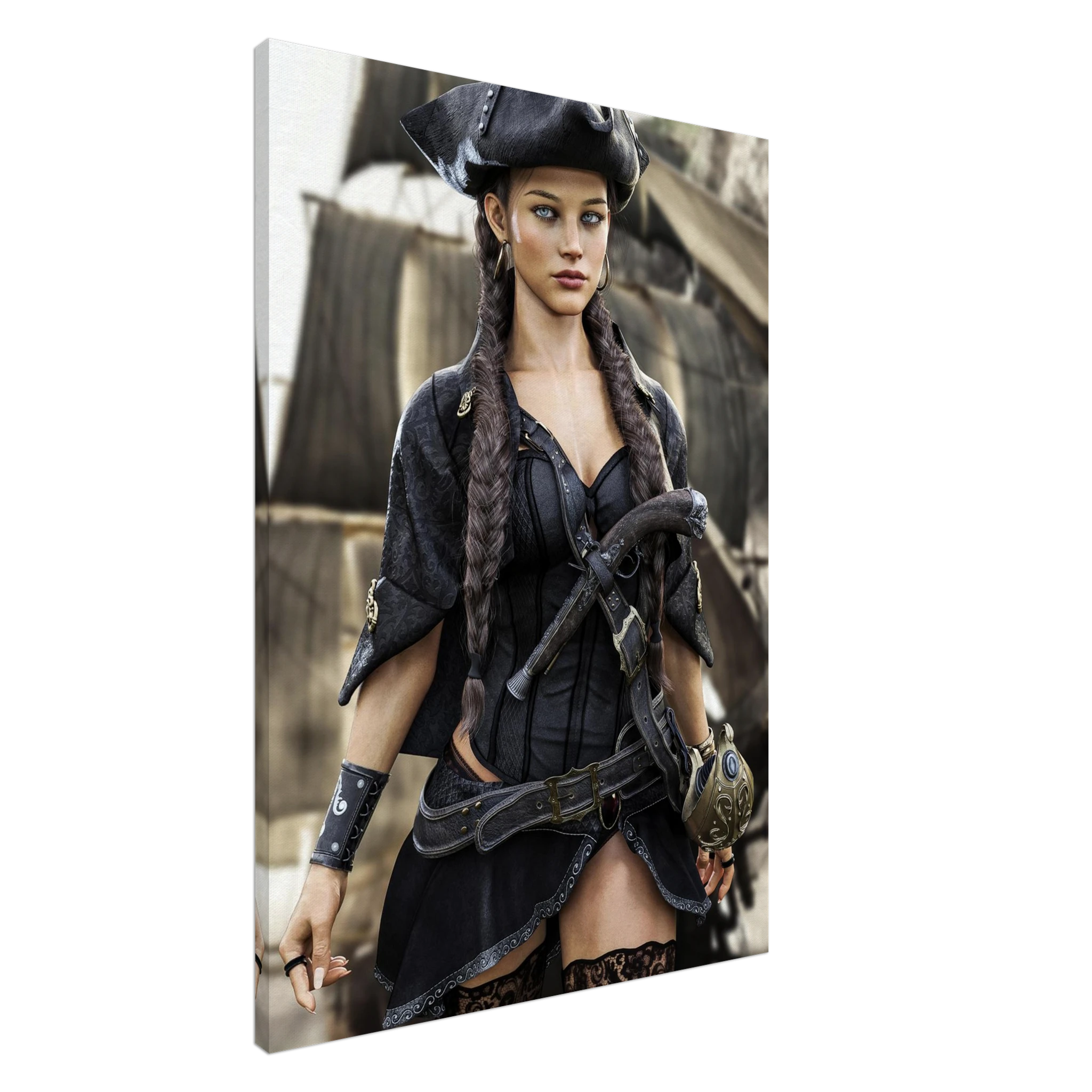 Handcrafted fantasy artwork featuring a female pirate captain with braided hair and a tricorne hat standing before a historic sailing ship, wearing elegant pirate attire with a flintlock pistol and nautical accessories. Premium wall art for fantasy collectors, pirate enthusiasts, gaming rooms, and nautical décor.