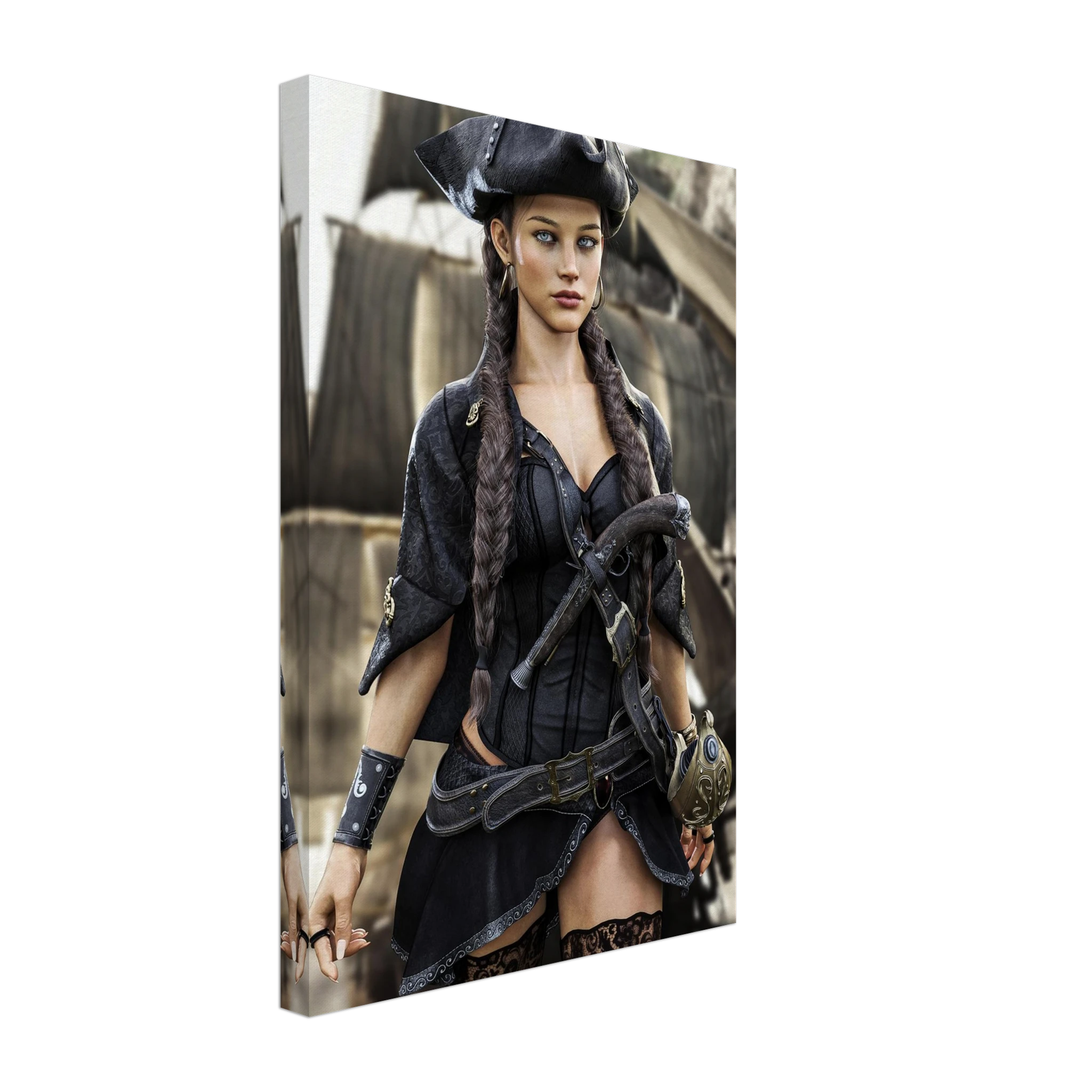 Handcrafted fantasy artwork featuring a female pirate captain with braided hair and a tricorne hat standing before a historic sailing ship, wearing elegant pirate attire with a flintlock pistol and nautical accessories. Premium wall art for fantasy collectors, pirate enthusiasts, gaming rooms, and nautical décor.