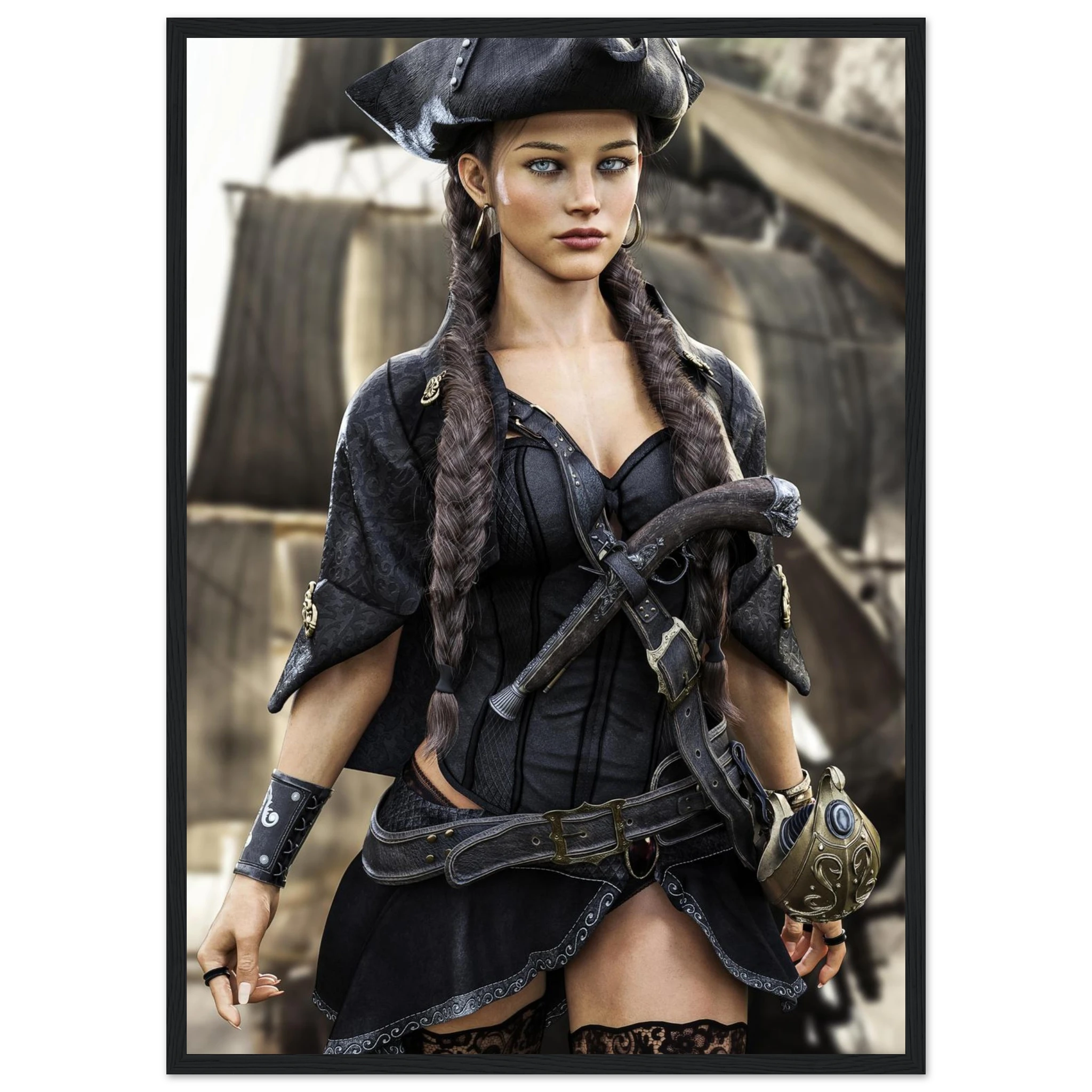 A framed art print featuring a pirate woman in a black corset outfit with a tricorn hat, holding a cutlass, set against a background of old ships. The print is presented in a black frame on a white background.