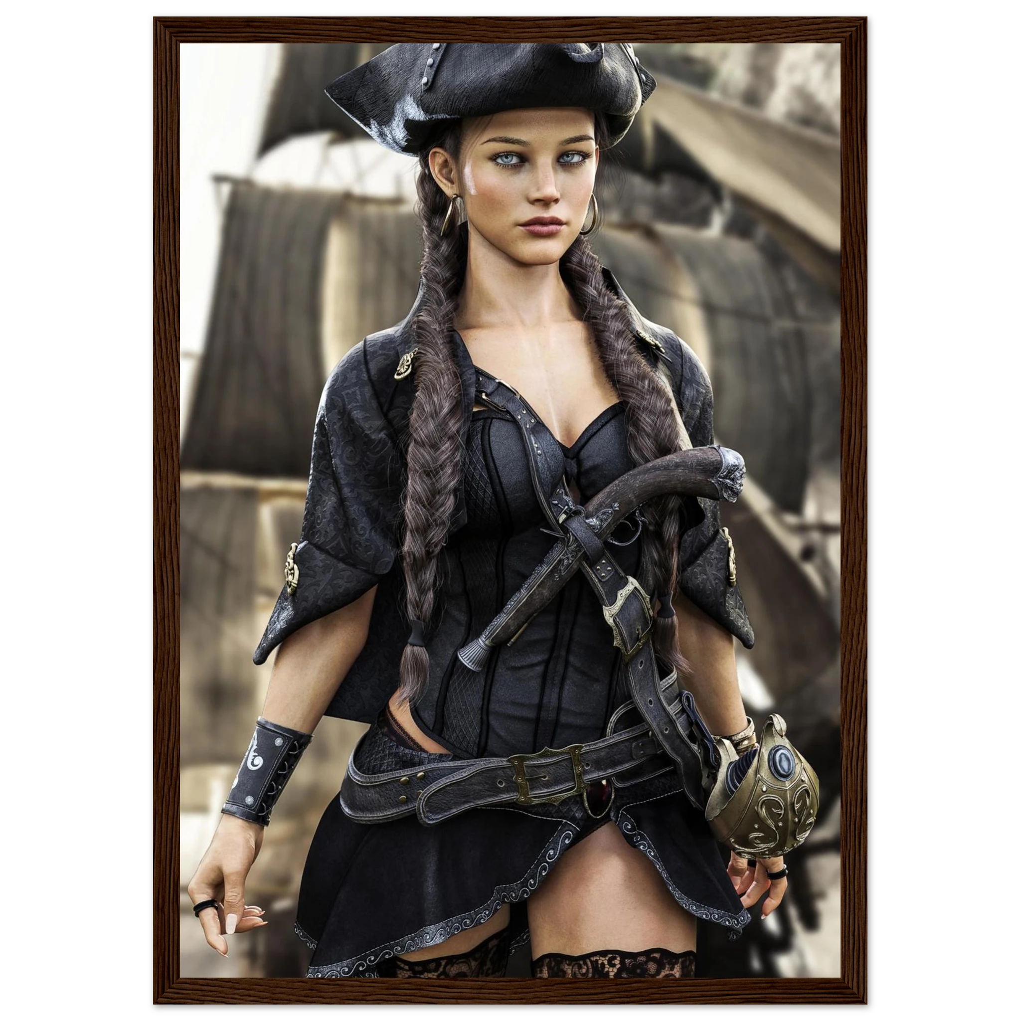 A framed art print depicting a female pirate with long braided hair, wearing a black corset, a black tricorn hat, and holding a cutlass, set against a background of a sailing ship.