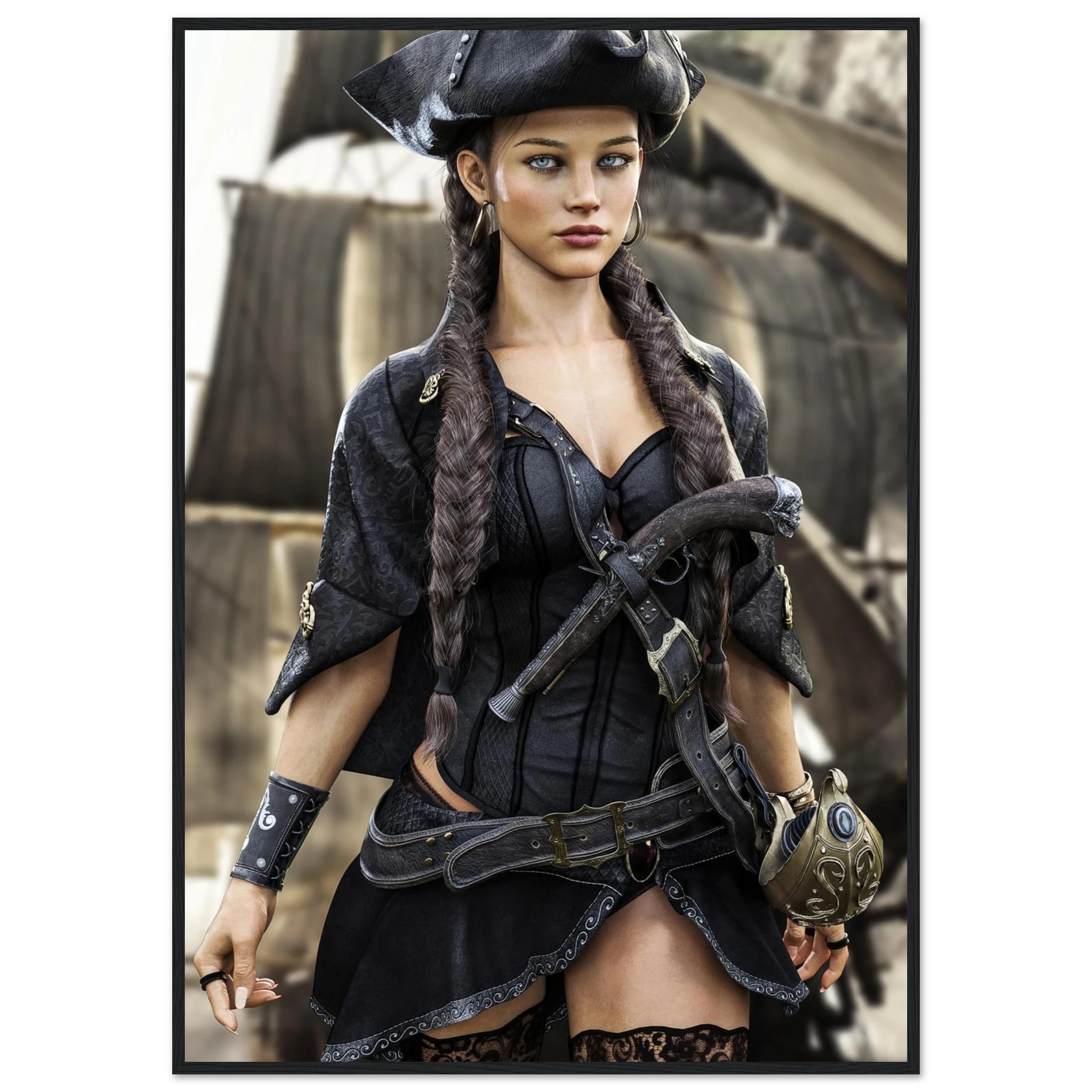 A framed art print featuring a pirate woman in a black corset and hat, holding a crossbow, set against a ship's rigging background.