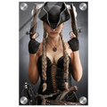 Handcrafted fantasy artwork featuring a female pirate with long braided hair wearing a tricorne hat and leather corset while holding dual flintlock pistols. A dramatic pirate portrait with cinematic lighting, perfect for fantasy collectors, gaming rooms, nautical décor, and pirate enthusiasts.