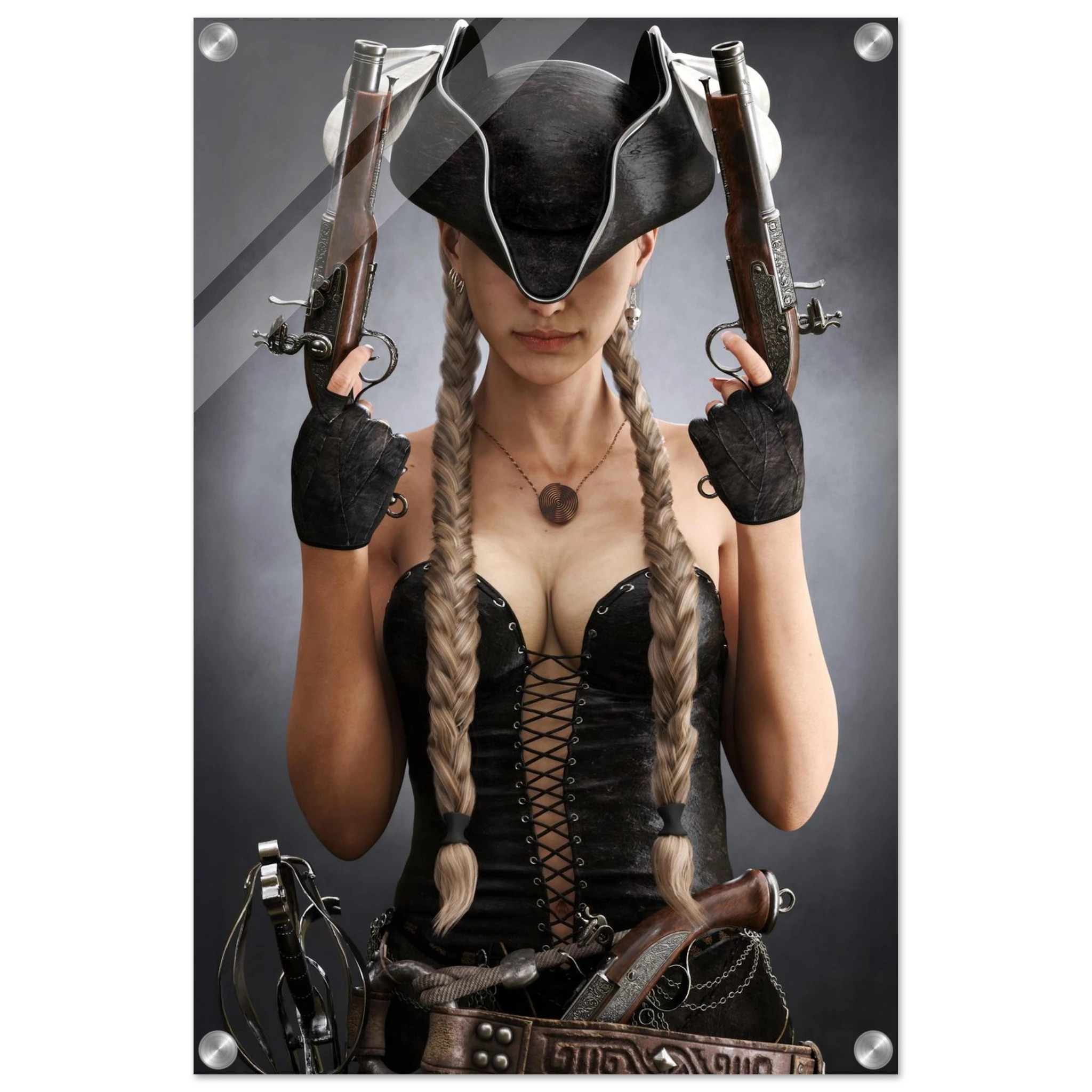 Handcrafted fantasy artwork featuring a female pirate with long braided hair wearing a tricorne hat and leather corset while holding dual flintlock pistols. A dramatic pirate portrait with cinematic lighting, perfect for fantasy collectors, gaming rooms, nautical décor, and pirate enthusiasts.