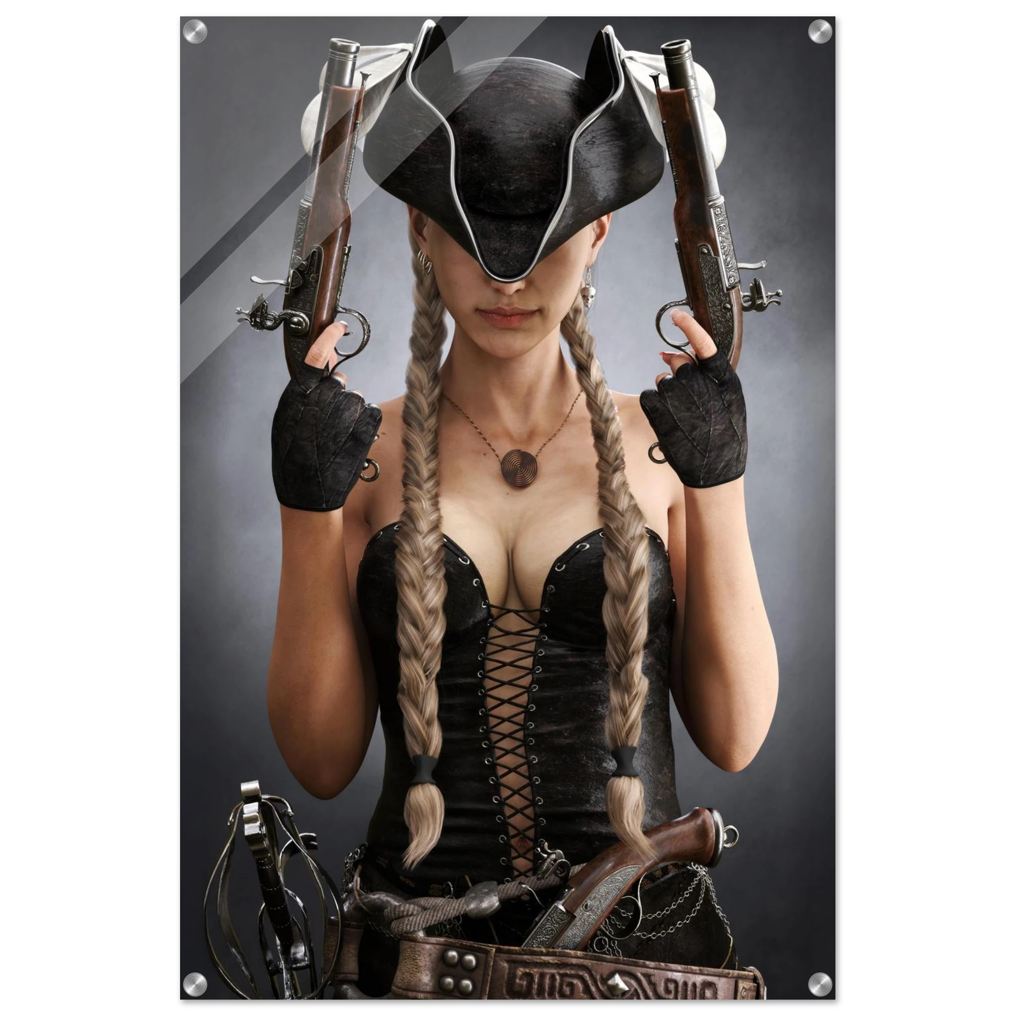 Handcrafted fantasy artwork featuring a female pirate with long braided hair wearing a tricorne hat and leather corset while holding dual flintlock pistols. A dramatic pirate portrait with cinematic lighting, perfect for fantasy collectors, gaming rooms, nautical décor, and pirate enthusiasts.