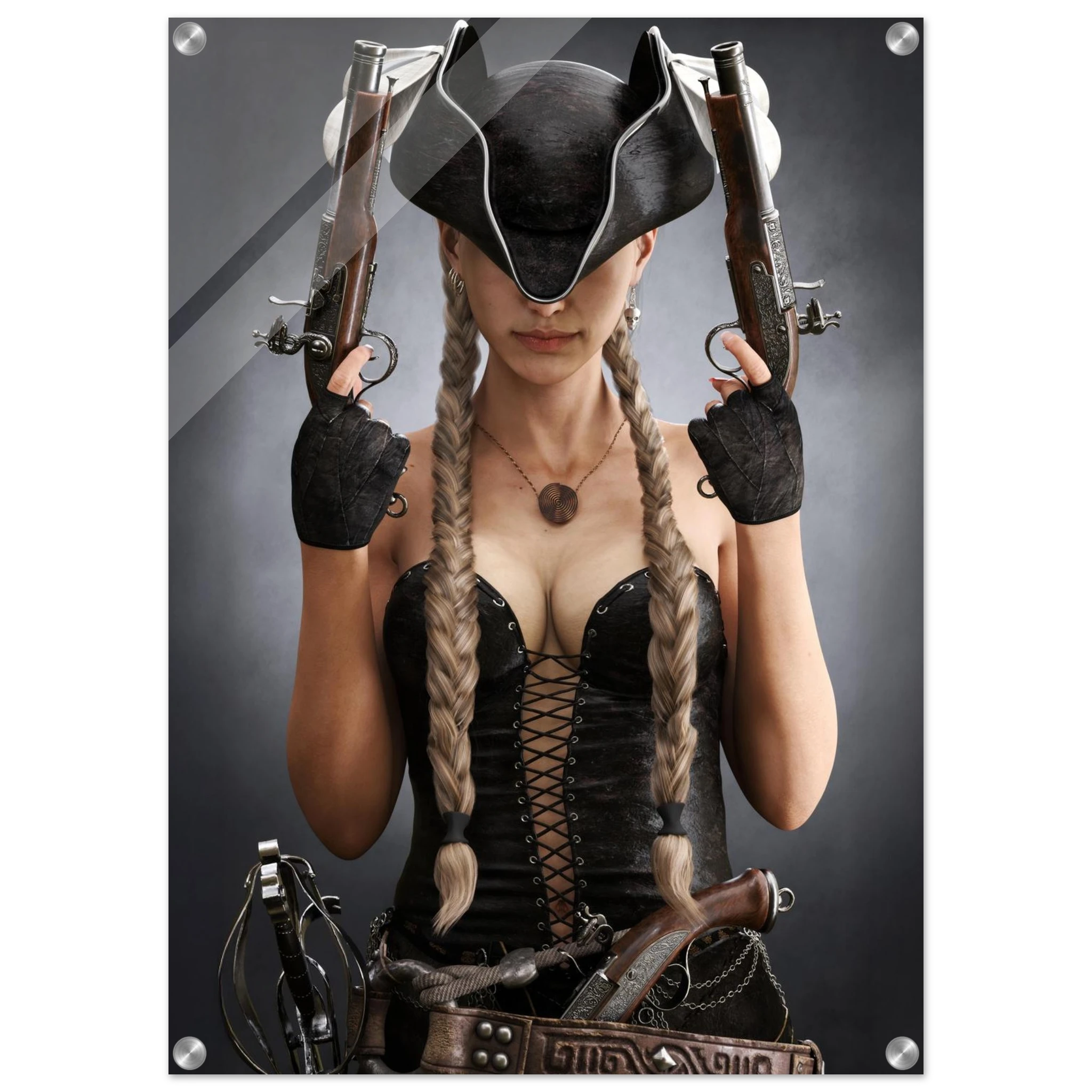 Handcrafted fantasy artwork featuring a female pirate with long braided hair wearing a tricorne hat and leather corset while holding dual flintlock pistols. A dramatic pirate portrait with cinematic lighting, perfect for fantasy collectors, gaming rooms, nautical décor, and pirate enthusiasts.