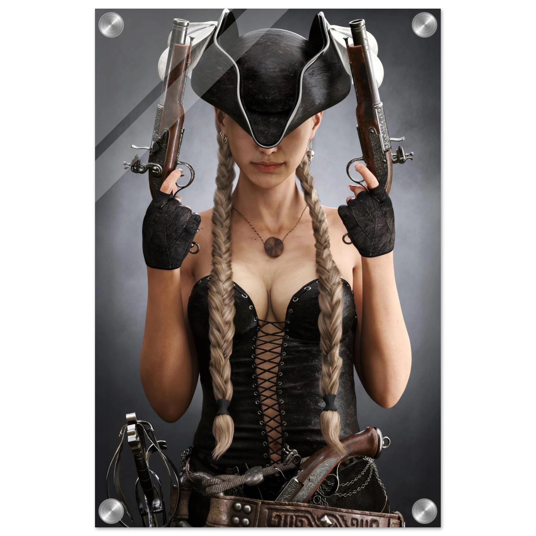 Handcrafted fantasy artwork featuring a female pirate with long braided hair wearing a tricorne hat and leather corset while holding dual flintlock pistols. A dramatic pirate portrait with cinematic lighting, perfect for fantasy collectors, gaming rooms, nautical décor, and pirate enthusiasts.