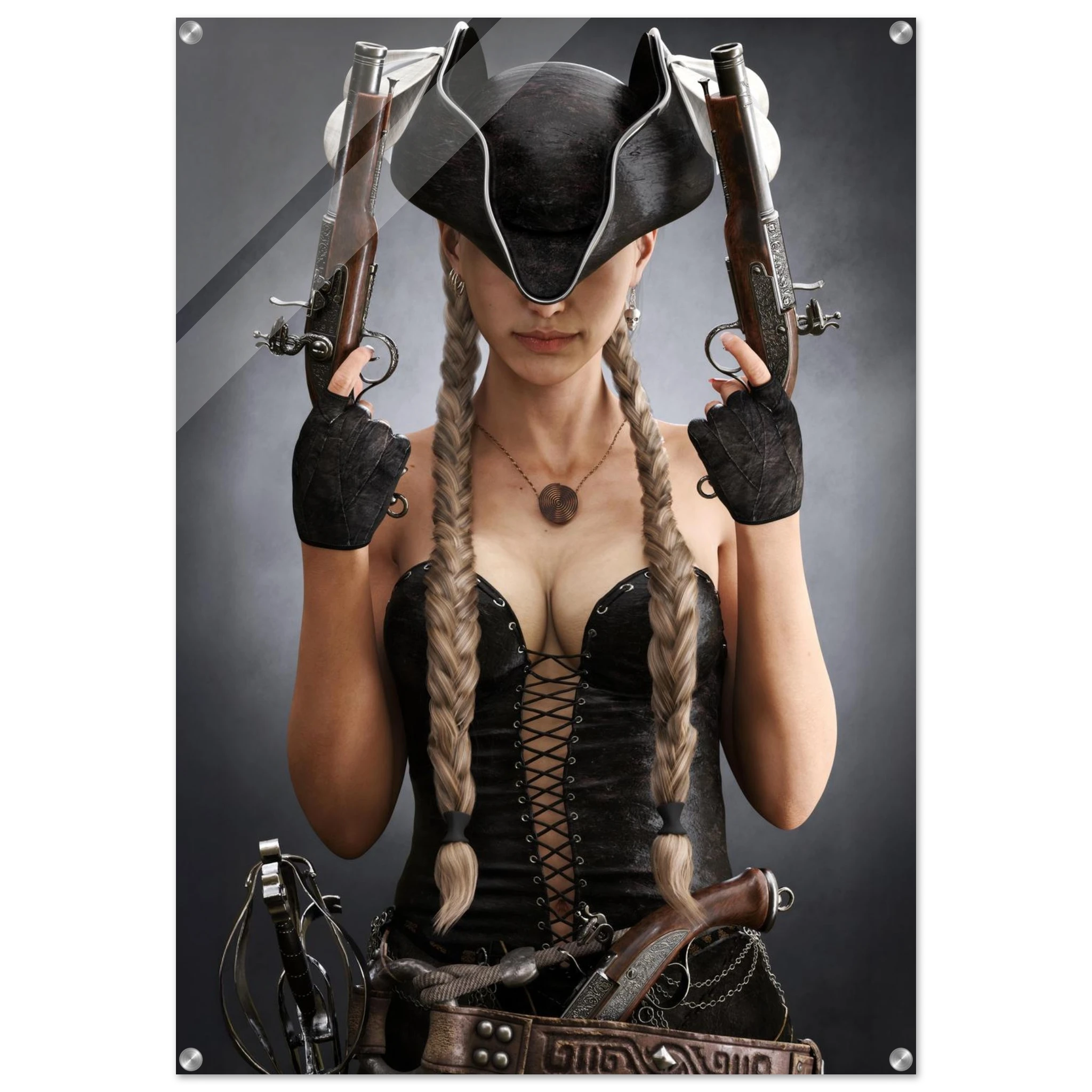 Handcrafted fantasy artwork featuring a female pirate with long braided hair wearing a tricorne hat and leather corset while holding dual flintlock pistols. A dramatic pirate portrait with cinematic lighting, perfect for fantasy collectors, gaming rooms, nautical décor, and pirate enthusiasts.