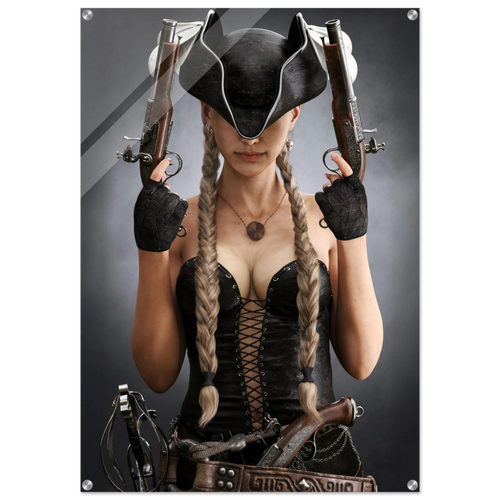 Handcrafted fantasy artwork featuring a female pirate with long braided hair wearing a tricorne hat and leather corset while holding dual flintlock pistols. A dramatic pirate portrait with cinematic lighting, perfect for fantasy collectors, gaming rooms, nautical décor, and pirate enthusiasts.