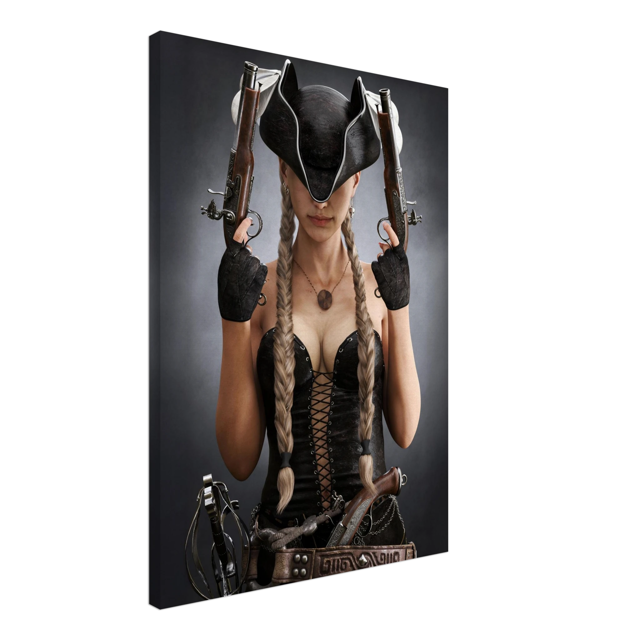 Handcrafted fantasy artwork featuring a female pirate with long braided hair wearing a tricorne hat and leather corset while holding dual flintlock pistols. A dramatic pirate portrait with cinematic lighting, perfect for fantasy collectors, gaming rooms, nautical décor, and pirate enthusiasts.