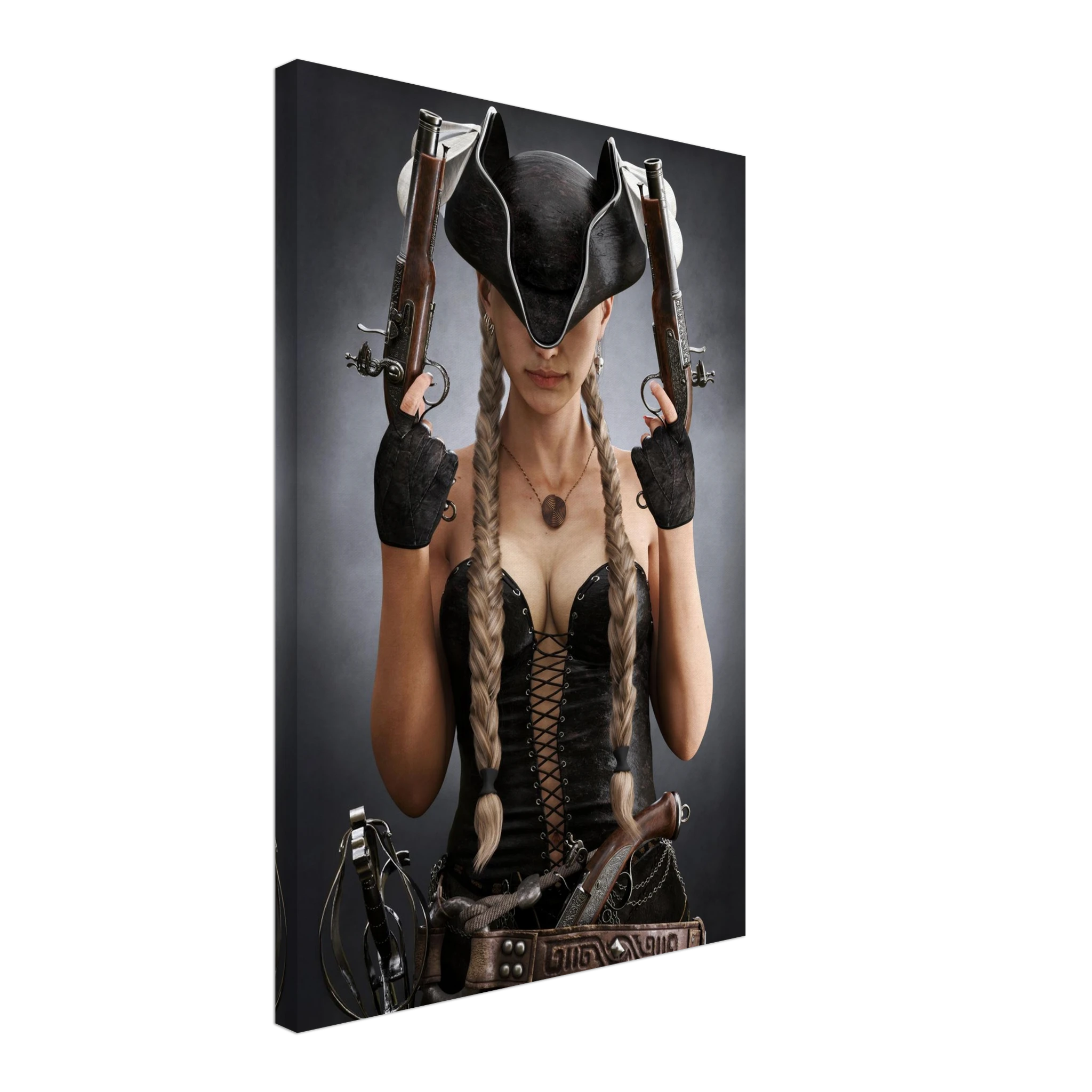 Handcrafted fantasy artwork featuring a female pirate with long braided hair wearing a tricorne hat and leather corset while holding dual flintlock pistols. A dramatic pirate portrait with cinematic lighting, perfect for fantasy collectors, gaming rooms, nautical décor, and pirate enthusiasts.