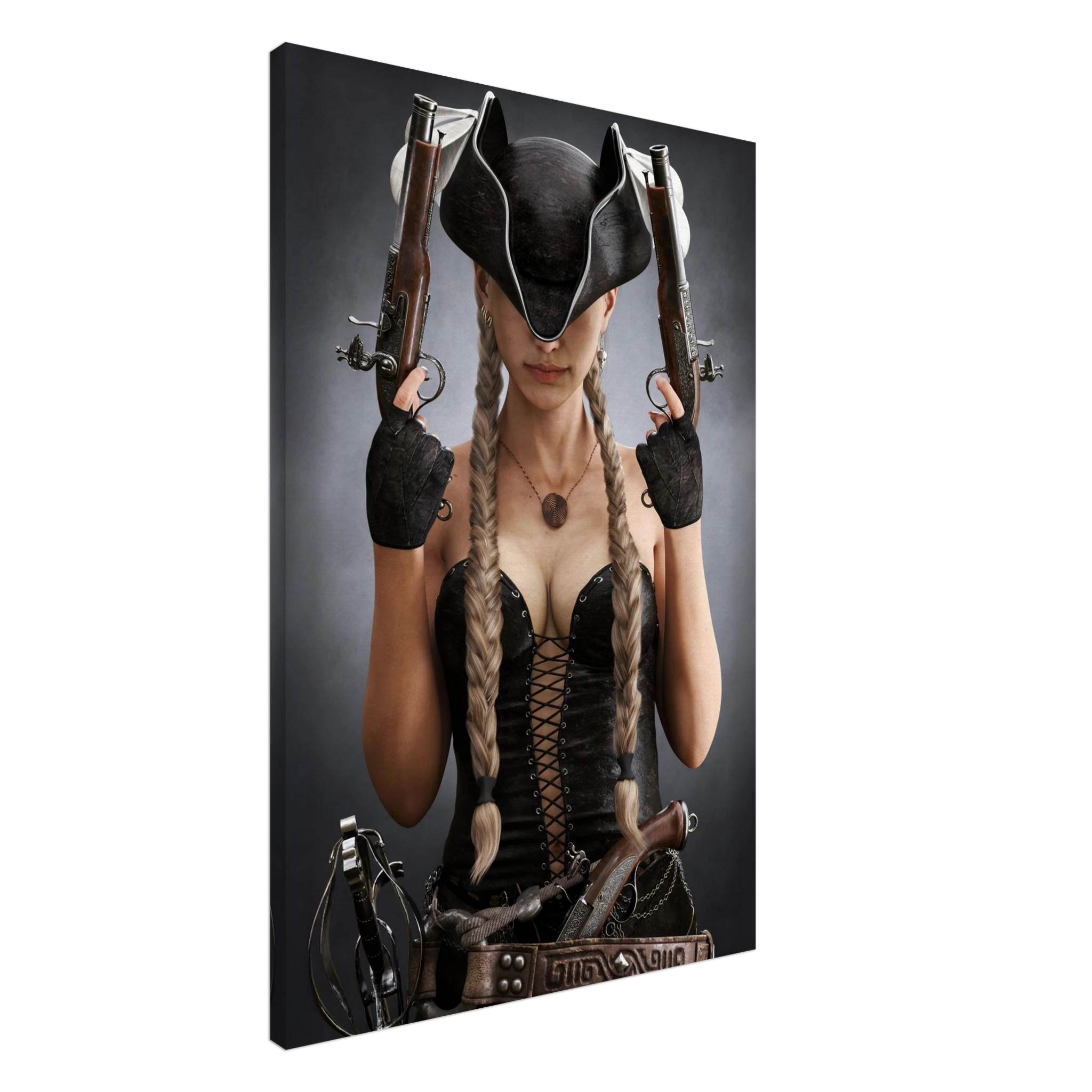 Handcrafted fantasy artwork featuring a female pirate with long braided hair wearing a tricorne hat and leather corset while holding dual flintlock pistols. A dramatic pirate portrait with cinematic lighting, perfect for fantasy collectors, gaming rooms, nautical décor, and pirate enthusiasts.