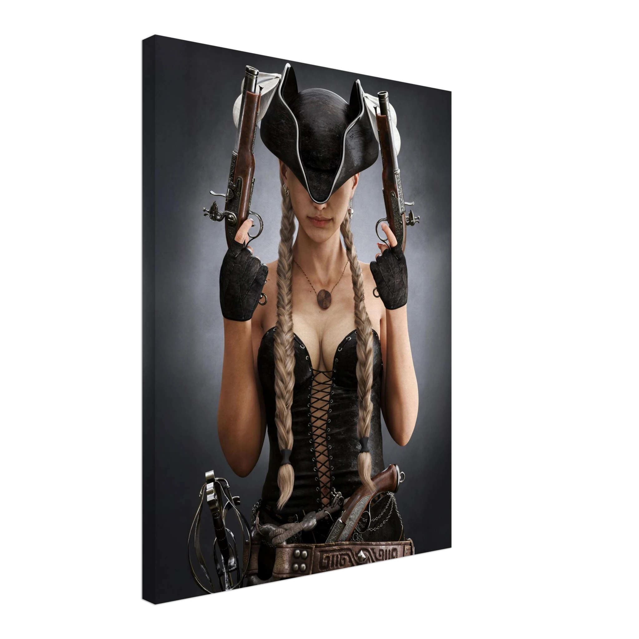 Handcrafted fantasy artwork featuring a female pirate with long braided hair wearing a tricorne hat and leather corset while holding dual flintlock pistols. A dramatic pirate portrait with cinematic lighting, perfect for fantasy collectors, gaming rooms, nautical décor, and pirate enthusiasts.