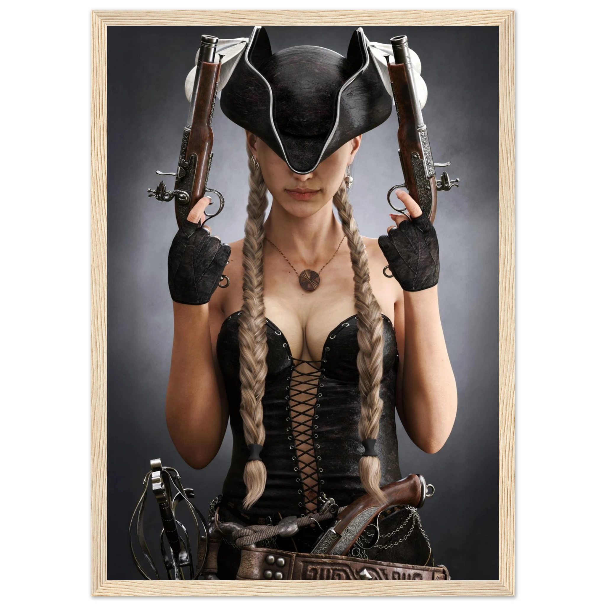 A framed art print featuring a portrait of a woman in a steampunk-inspired pirate costume, wearing a black hat, corset, and gloves, holding two flintlock pistols, with a light wood frame.