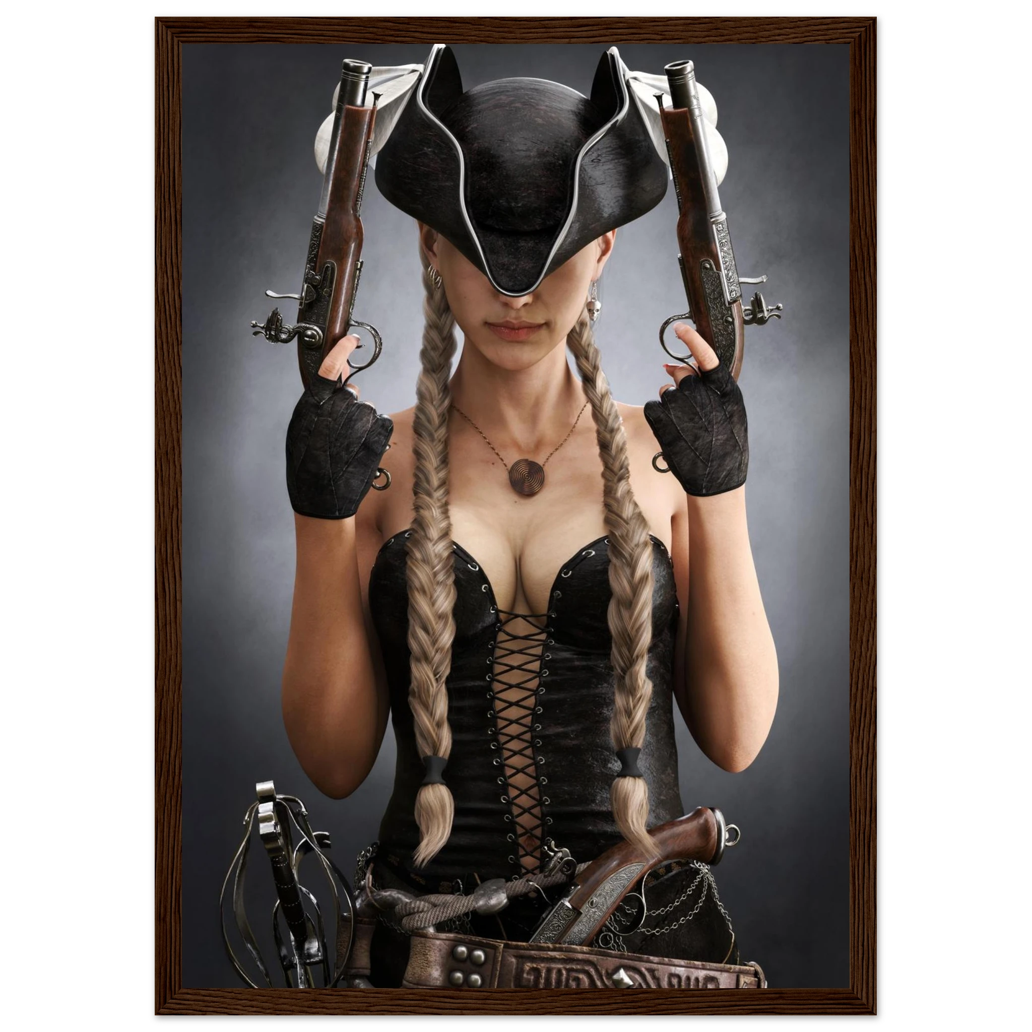 A framed art print featuring a portrait of a woman in a black pirate hat and corset, holding two flintlock pistols, with long braided hair and a dark gray background.
