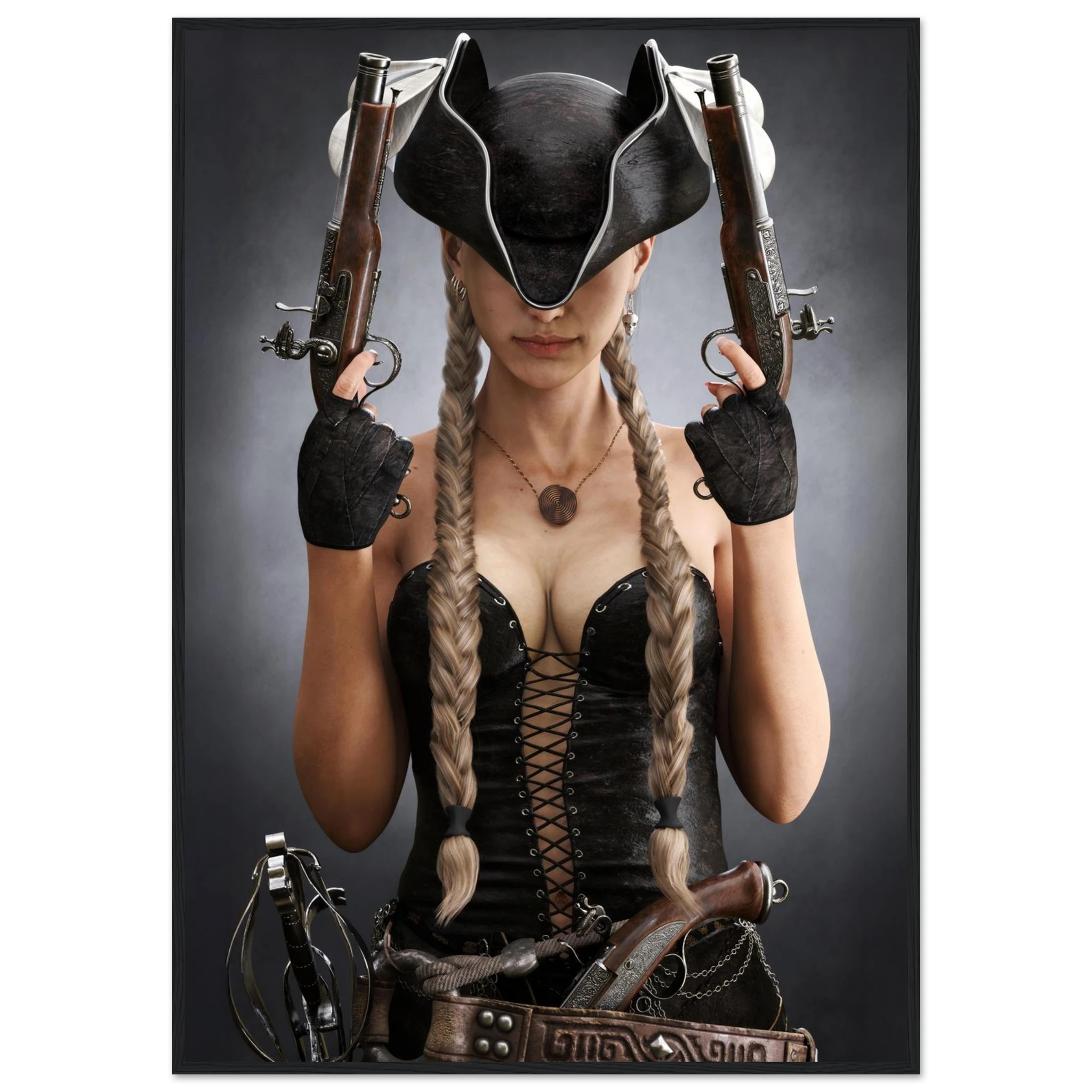 A vertical poster or canvas print featuring a woman in a black pirate-style hat and corset holding two flintlock pistols, with a crossbow at the waist, set against a dark gray studio background.