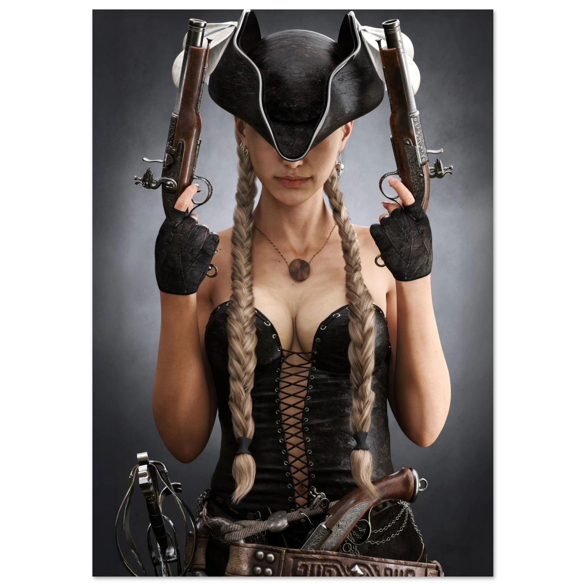 Handcrafted fantasy artwork featuring a female pirate with long braided hair wearing a tricorne hat and leather corset while holding dual flintlock pistols. A dramatic pirate portrait with cinematic lighting, perfect for fantasy collectors, gaming rooms, nautical décor, and pirate enthusiasts.