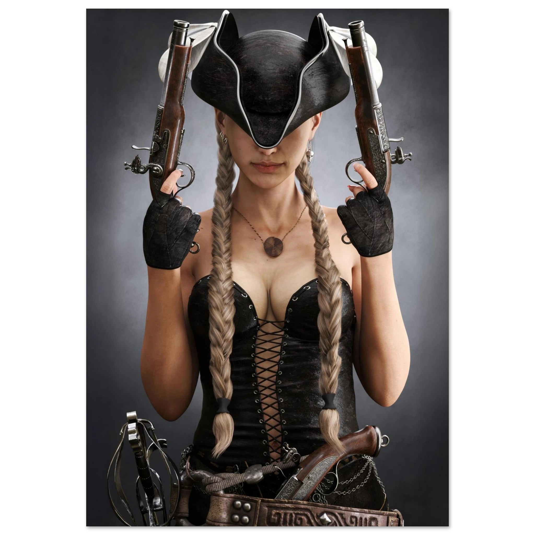 Handcrafted fantasy artwork featuring a female pirate with long braided hair wearing a tricorne hat and leather corset while holding dual flintlock pistols. A dramatic pirate portrait with cinematic lighting, perfect for fantasy collectors, gaming rooms, nautical décor, and pirate enthusiasts.