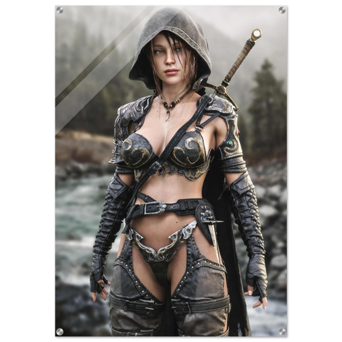 Handcrafted fantasy artwork featuring a hooded female ranger standing beside a mountain river in ornate medieval armor with a sword across her back. Premium wall art for fantasy collectors, RPG enthusiasts, gaming rooms, and medieval décor.