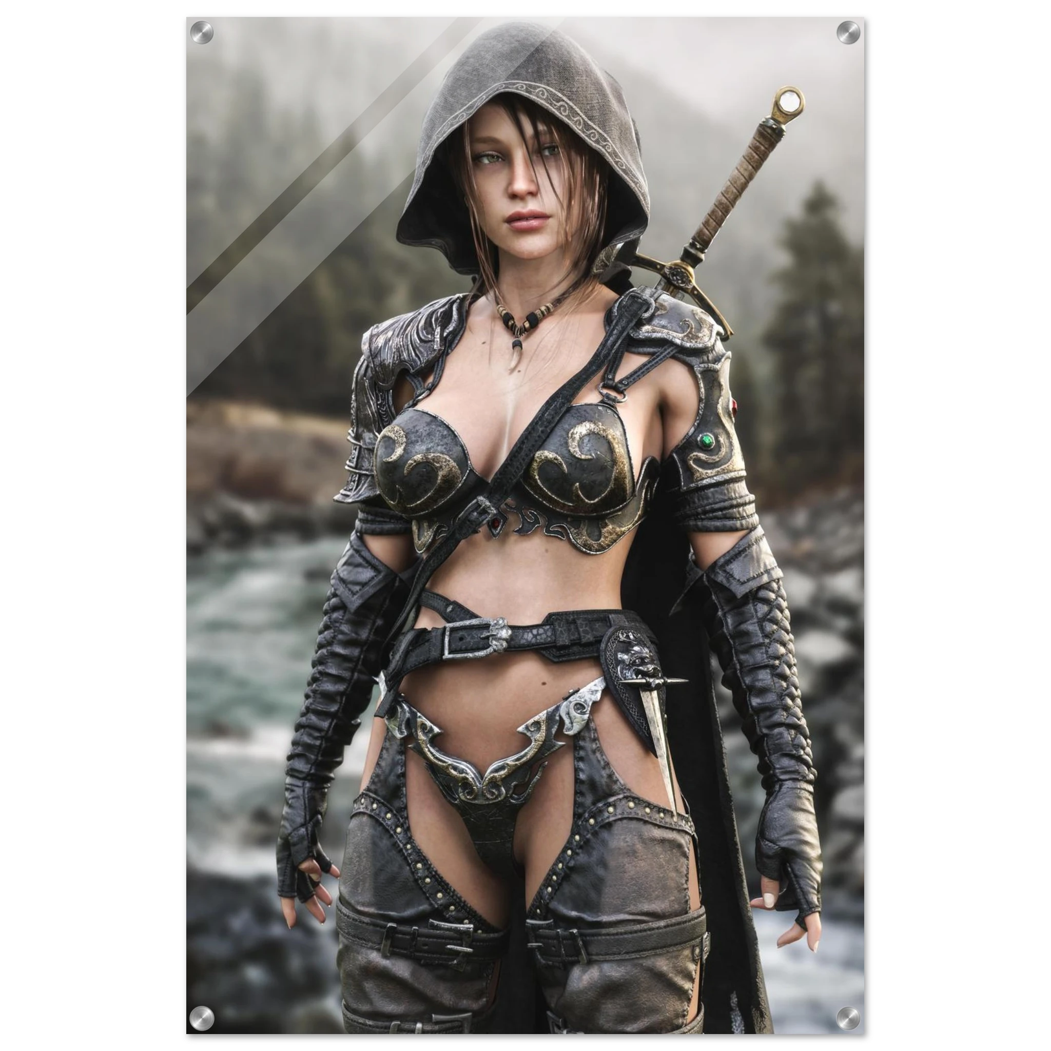 Handcrafted fantasy artwork featuring a hooded female ranger standing beside a mountain river in ornate medieval armor with a sword across her back. Premium wall art for fantasy collectors, RPG enthusiasts, gaming rooms, and medieval décor.