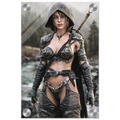 Handcrafted fantasy artwork featuring a hooded female ranger standing beside a mountain river in ornate medieval armor with a sword across her back. Premium wall art for fantasy collectors, RPG enthusiasts, gaming rooms, and medieval décor.