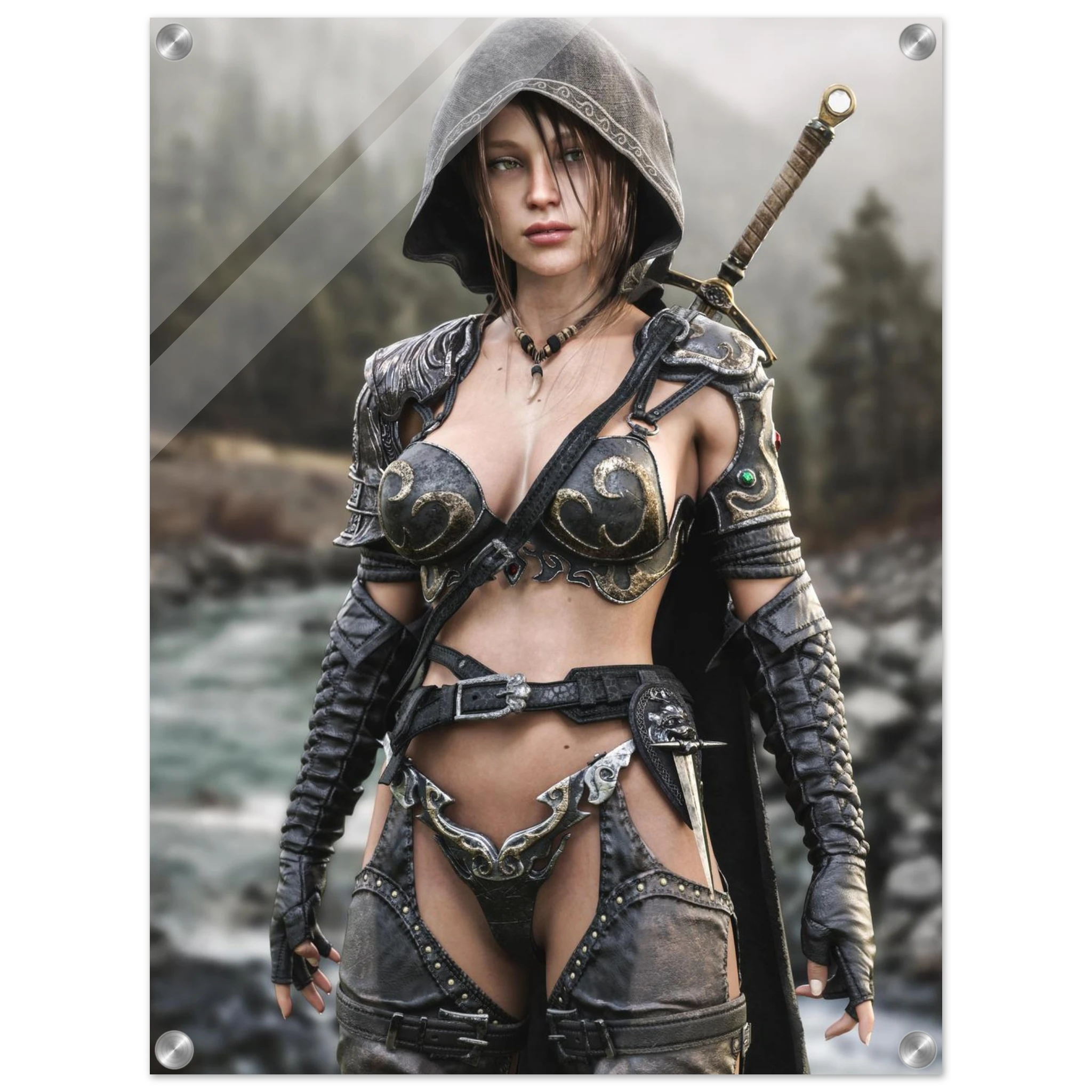 Handcrafted fantasy artwork featuring a hooded female ranger standing beside a mountain river in ornate medieval armor with a sword across her back. Premium wall art for fantasy collectors, RPG enthusiasts, gaming rooms, and medieval décor.