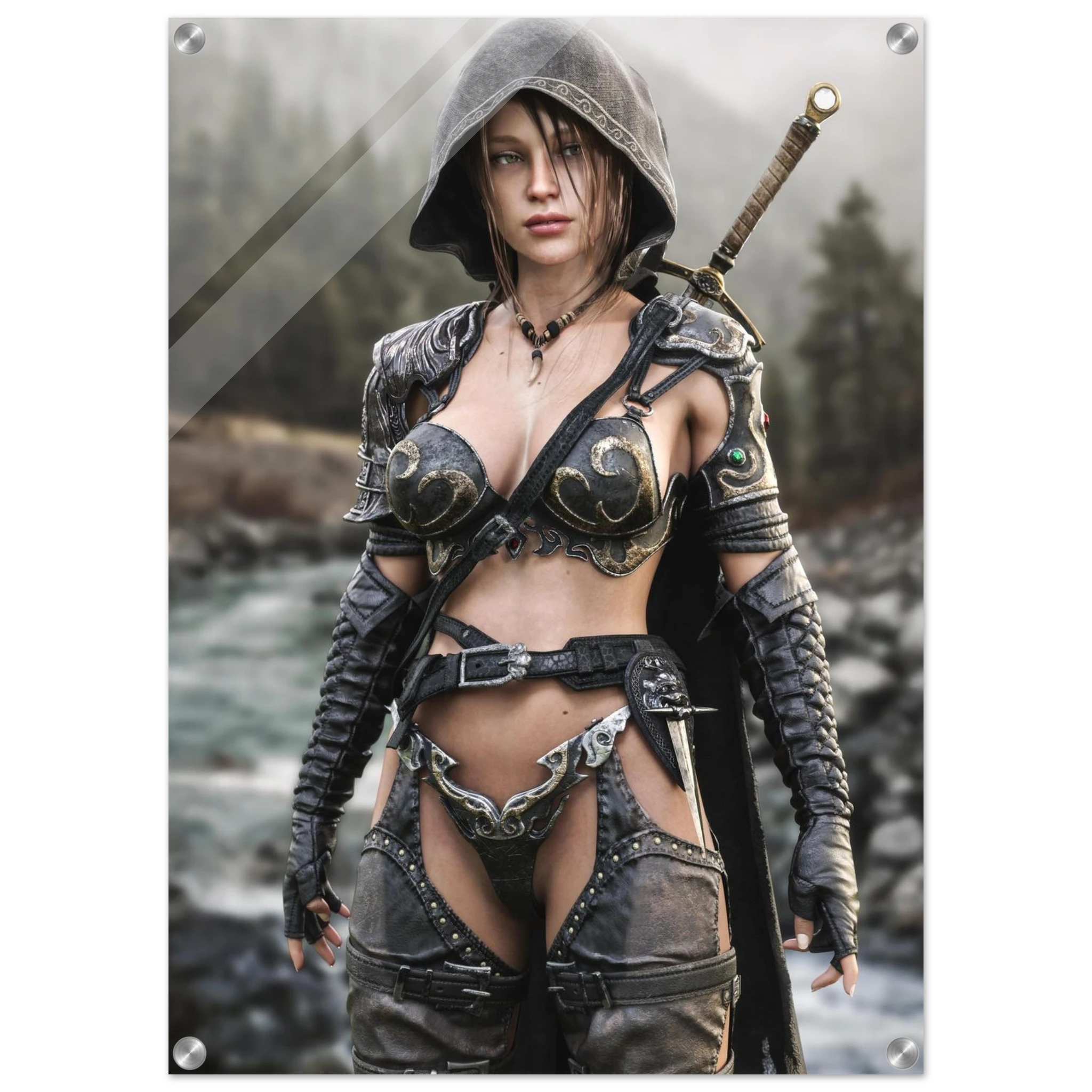 Handcrafted fantasy artwork featuring a hooded female ranger standing beside a mountain river in ornate medieval armor with a sword across her back. Premium wall art for fantasy collectors, RPG enthusiasts, gaming rooms, and medieval décor.
