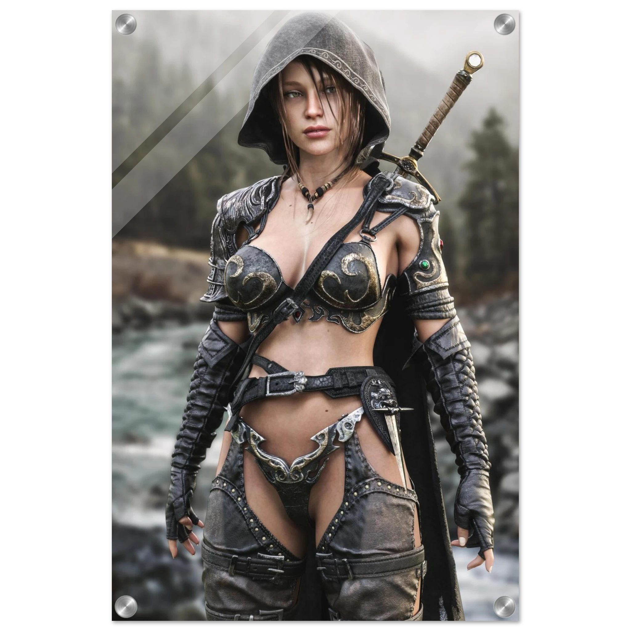 Handcrafted fantasy artwork featuring a hooded female ranger standing beside a mountain river in ornate medieval armor with a sword across her back. Premium wall art for fantasy collectors, RPG enthusiasts, gaming rooms, and medieval décor.