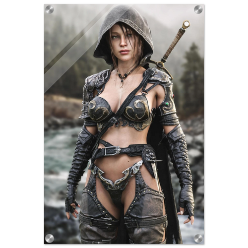 Handcrafted fantasy artwork featuring a hooded female ranger standing beside a mountain river in ornate medieval armor with a sword across her back. Premium wall art for fantasy collectors, RPG enthusiasts, gaming rooms, and medieval décor.