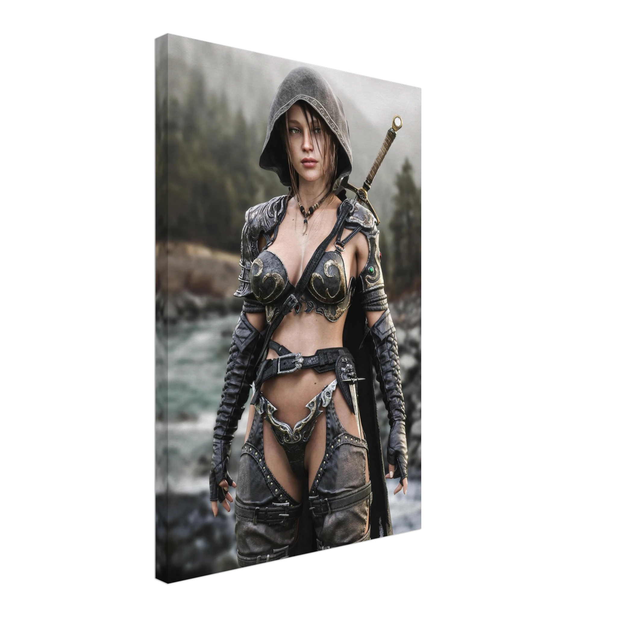 Handcrafted fantasy artwork featuring a hooded female ranger standing beside a mountain river in ornate medieval armor with a sword across her back. Premium wall art for fantasy collectors, RPG enthusiasts, gaming rooms, and medieval décor.