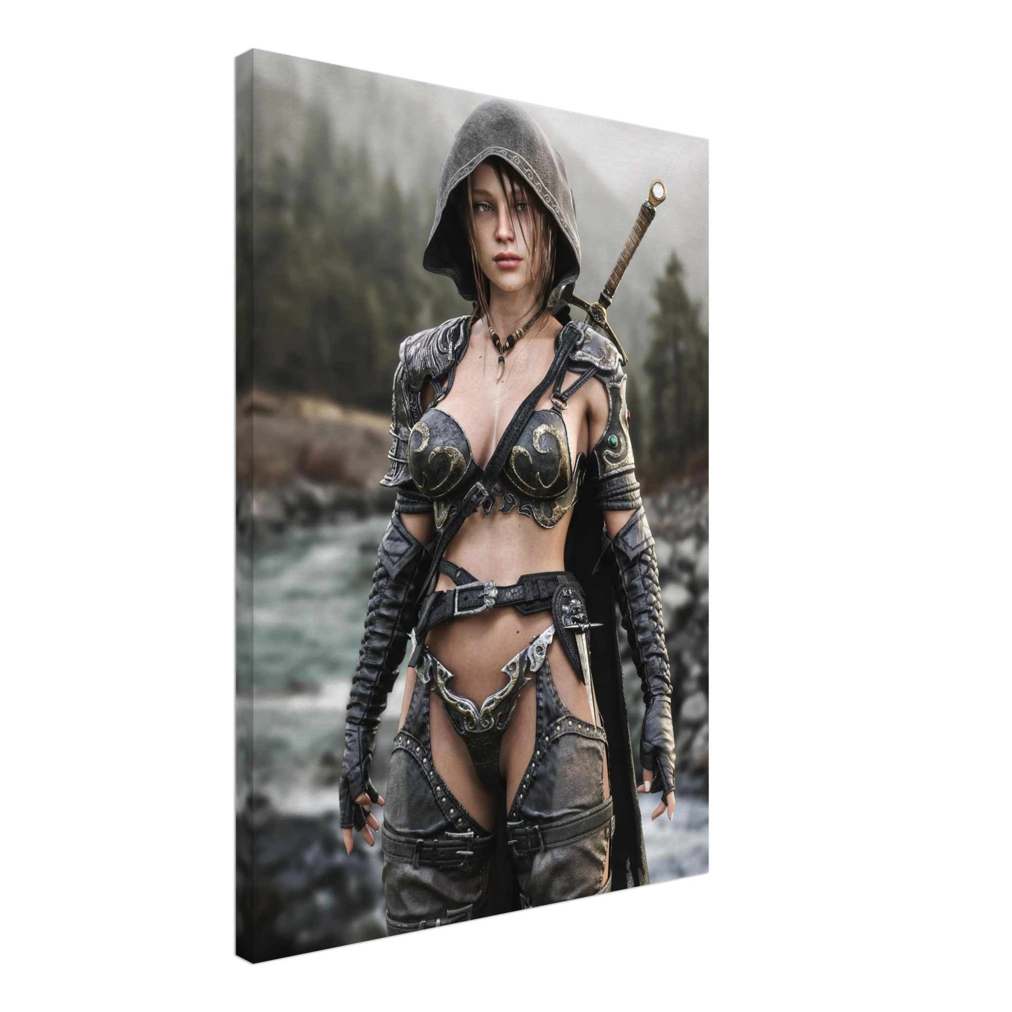 Handcrafted fantasy artwork featuring a hooded female ranger standing beside a mountain river in ornate medieval armor with a sword across her back. Premium wall art for fantasy collectors, RPG enthusiasts, gaming rooms, and medieval décor.