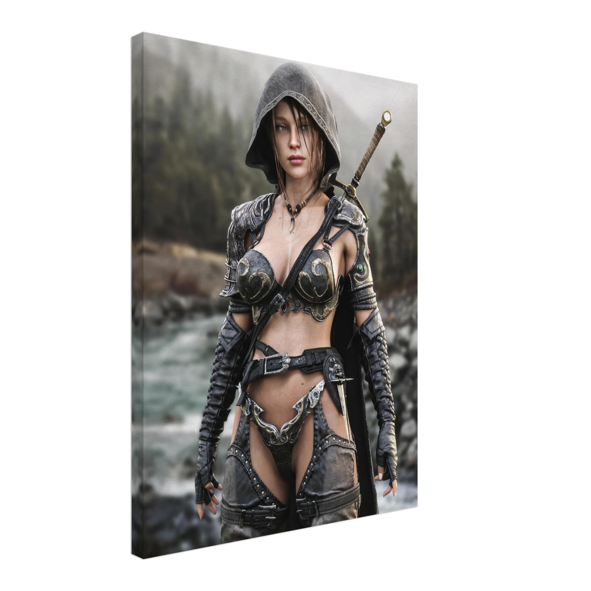 Handcrafted fantasy artwork featuring a hooded female ranger standing beside a mountain river in ornate medieval armor with a sword across her back. Premium wall art for fantasy collectors, RPG enthusiasts, gaming rooms, and medieval décor.