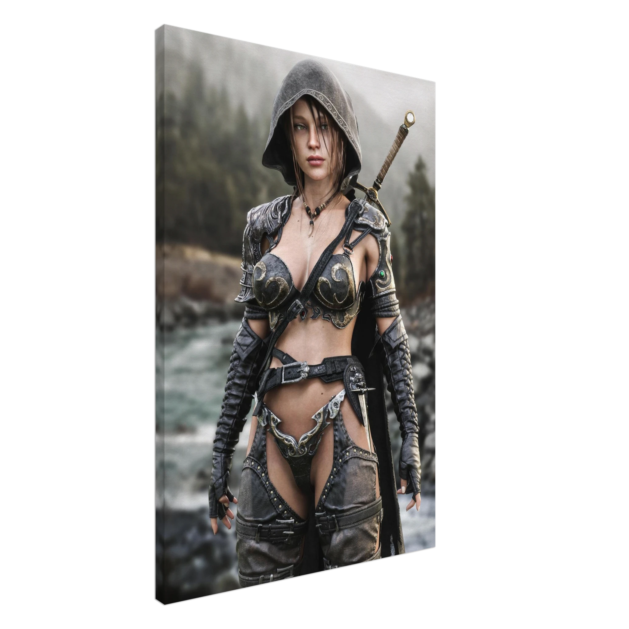 Handcrafted fantasy artwork featuring a hooded female ranger standing beside a mountain river in ornate medieval armor with a sword across her back. Premium wall art for fantasy collectors, RPG enthusiasts, gaming rooms, and medieval décor.