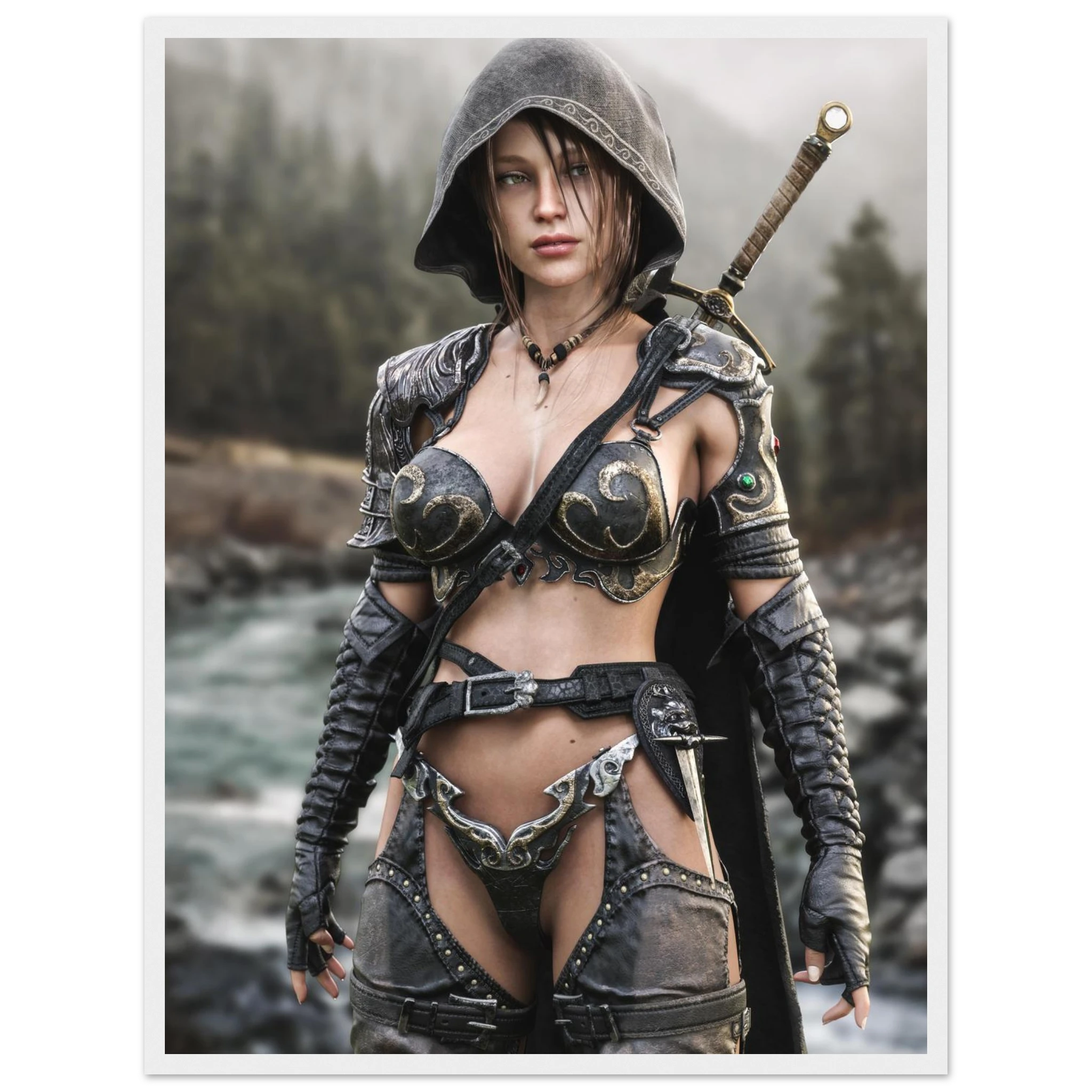 A woman in a fantasy warrior costume stands outdoors near a river and trees, wearing dark metallic armor pieces, a hood, fingerless gloves, and a sword over her shoulder.