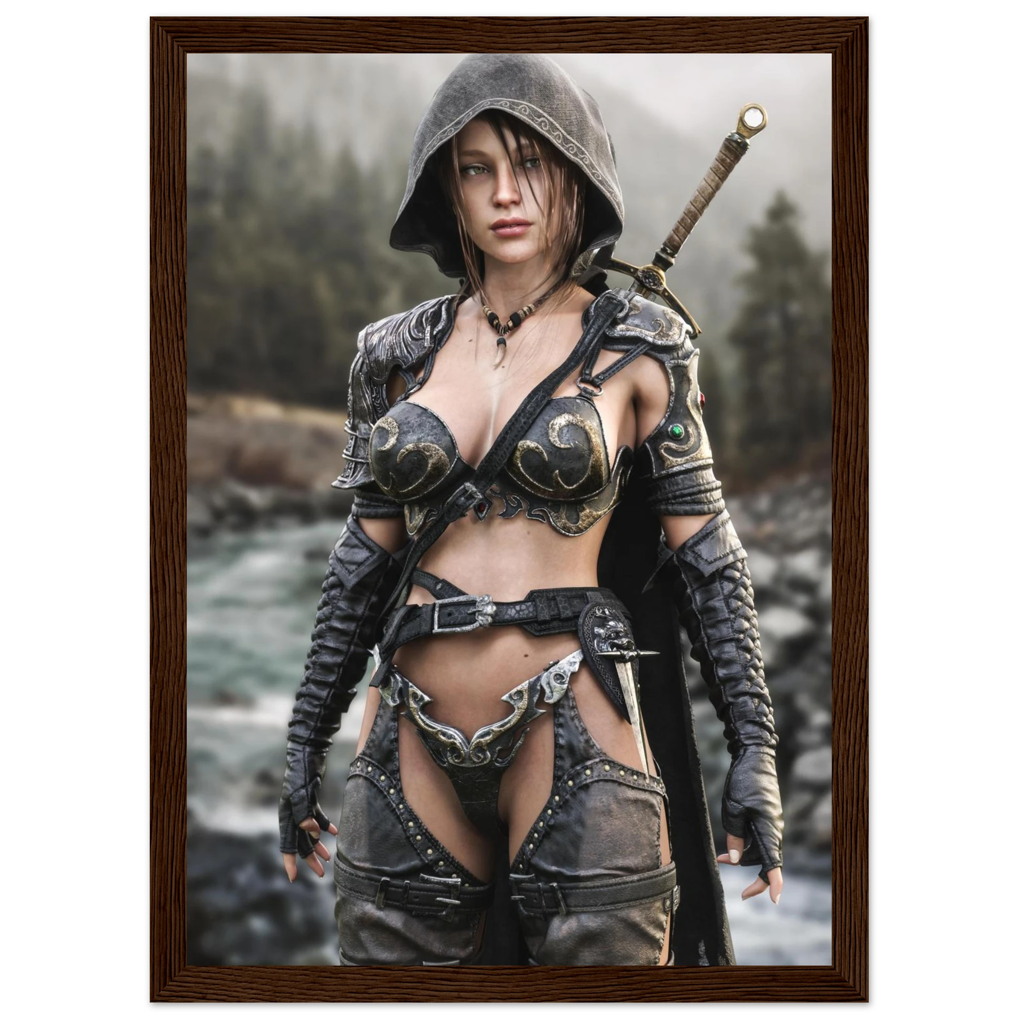 A framed art print featuring a fantasy illustration of a female warrior in dark metallic armor with a hood, standing by a river with a sword on her back, set in a dark brown wooden frame.